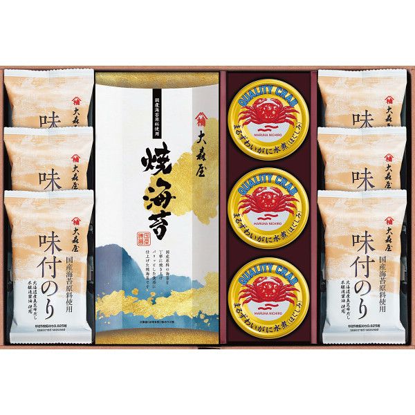 こちらの商品の包装(ラッピング)について○ラッピング・のし承ります（有料）。のし名入れはご注文時備考欄にご記載下さい。注文者名とお届け先名が異なる場合は「（注文者名）様ご依頼分」と送り状に記載して発送いたします。慣れ親しんだ美味しさは大森屋ならではの贈り物。【商品内容】●大森屋焼海苔8切8枚×2、大森屋味付のり8切5枚×6、まるずわいがにほぐしみ55g×3【原産国】日本【箱サイズ】37×25×5.5cm【箱入重量】580g【宅配区分】常温【賞味期間】720日【アレルゲン】小麦、えび、かに、大豆[ 和風惣菜 セット 詰め合わせ ギフト ]