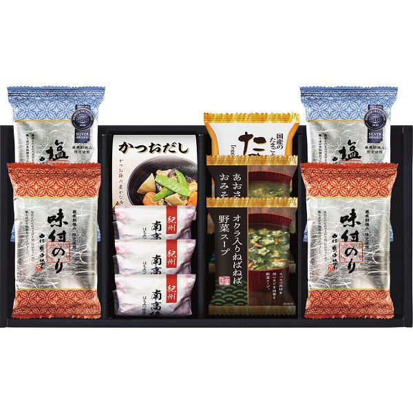 こちらの商品の包装(ラッピング)について○ラッピング・のし承ります（有料）。のし名入れはご注文時備考欄にご記載下さい。注文者名とお届け先名が異なる場合は「（注文者名）様ご依頼分」と送り状に記載して発送いたします。有明海産海苔に梅だれで仕上げた「南高梅のり」に、塩だれで仕上げた「塩のり」、本場紀州産南高梅の果肉たっぷりの最高グレードを使用した、衛生的で使いやすく持ち運びに便利な個包装タイプの梅干しなど、食卓を彩る詰合せです【商品内容】●味付のり（8切6枚）×2、有明海産塩のり（8切6枚）×2、シーラックかつおだし（4g×3）、紀州南高梅×3、たまごスープ（フリーズドライ）6．4g、オクラ入ねばねば野菜スープ（フリーズドライ）、あおさとわかめのおみそ汁（フリーズドライ）【箱サイズ】29.8×15.2×7.7cm【箱入重量】365g【宅配区分】常温【賞味期間】360日【アレルゲン】卵、乳成分、小麦、えび、大豆、鶏肉、豚肉、りんご、ゼラチンナッツ、ごま[ 味噌汁 みそ汁 和風惣菜 セット 詰め合わせ ギフト ]