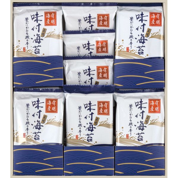 こちらの商品の包装(ラッピング)について○ラッピング・のし承ります（有料）。のし名入れはご注文時備考欄にご記載下さい。注文者名とお届け先名が異なる場合は「（注文者名）様ご依頼分」と送り状に記載して発送いたします。豊かにかおる磯の香。有明海産の深い旨味の味付海苔です。【商品内容】●味付海苔（6切4枚）×20【原産国】日本【箱サイズ】25.8×29.4×8cm【箱入重量】500g【宅配区分】常温【賞味期間】540日【アレルゲン】小麦、えび、大豆[ 海苔 セット 詰め合わせ ギフト ]