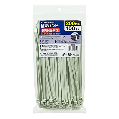 　●全長:200mm■幅:4.8mm■最大結束内径:50mm■引張強度:22.2kg■使用温度範囲:-40℃~+120℃■材質:66ナイロン(熱安定剤・紫外線遮蔽剤入)■100本入ELPA 結束耐熱 200mm 朝日電器 【品番】KBZ-N200100