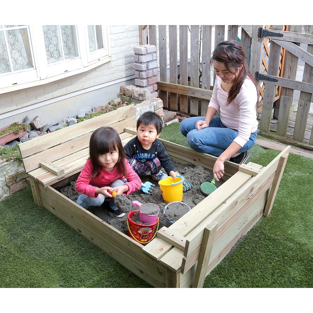 谷村実業 天然木製砂場 遊具 100×80cm 小サイズ 蓋付き自宅すな場 背もたれ付き TAN-733 小【代引不可】【北海道・沖縄・離島配送不可】