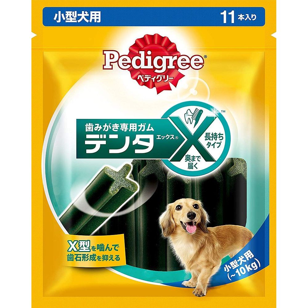 ＜＜ご注意下さい＞＞こちらの商品はメーカーよりお客様へ直接お届けの品になります。 当店での在庫はしておりません。在庫の有無はメーカー在庫のみになりますので、急な欠品や急に廃盤になる可能性がございます。また、上記理由により代金引換便はご利用いただけません。ご注文頂いた商品はメーカーに在庫を確認の上改めてご連絡させていただきますので予めご了承お願い致します。こちらの商品の配送について こちらの商品につきましては送料をお安くするために メーカーより直接お客様へ配送しております。メーカーが使用する運送会社の都合により配送条件が通常の商品と異なりますのでよろしくお願いします。こちらの商品の包装(ラッピング)について○上記の理由(メーカーより直送)により包装はできませんので予めご了承お願いします。こちらの商品のお支払いについて○こちらの商品のお支払い方法は 代金引換便はご利用できませんの で予めご了承お願いします。こちらの商品の不具合について○お届けしましたこちらの商品に不具合があった場合、商品到着日より1週間以内に当店にご連絡ください。メーカーが直接対応させて頂きます。 ○お客様がご自身で修理された場合、費用の負担は致しかねますので予めご了承下さい。独自のX型を噛むことで歯石の蓄積を抑える歯みがき専用ガム。小型犬のために設計。【原材料】とうもろこし、でん粉類、タンパク加水分解物、STPP、セルロース、ゼラチン、緑茶抽出物、グリセリン、増粘安定剤(アラビアガム)、ミネラル類(Ca、Cl、K、Zn)、保存料(ソルビン酸カリウム)、香料(チキンフレーバー)、着色料(銅クロロフィル)【保証成分】タンパク質8.0％以上、脂質1.0％以上、粗繊維5.0％以下、灰分10.0％以下、水分18.0％以下【エネルギー】47kcal/1本【賞味期限】540日【原産国または製造地】タイ【諸注意】直射日光、高温多湿の場所をさけて保存してください。開封後は、開封口を必ず閉じて、なるべく早く使い切ってください。小さいお子様の手に届かないところに保管してください。犬以外には与えないでください。[犬 おやつ ガム デンタル エチケット 歯 歯石 小型 小型犬]