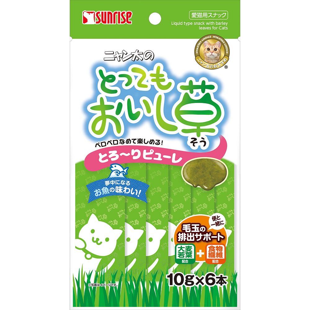 ＜＜ご注意下さい＞＞こちらの商品はメーカーよりお客様へ直接お届けの品になります。 当店での在庫はしておりません。在庫の有無はメーカー在庫のみになりますので、急な欠品や急に廃盤になる可能性がございます。また、上記理由により代金引換便はご利用いただけません。ご注文頂いた商品はメーカーに在庫を確認の上改めてご連絡させていただきますので予めご了承お願い致します。こちらの商品の配送について こちらの商品につきましては送料をお安くするために メーカーより直接お客様へ配送しております。メーカーが使用する運送会社の都合により配送条件が通常の商品と異なりますのでよろしくお願いします。こちらの商品の包装(ラッピング)について○上記の理由(メーカーより直送)により包装はできませんので予めご了承お願いします。こちらの商品のお支払いについて○こちらの商品のお支払い方法は 代金引換便はご利用できませんの で予めご了承お願いします。こちらの商品の不具合について○お届けしましたこちらの商品に不具合があった場合、商品到着日より1週間以内に当店にご連絡ください。メーカーが直接対応させて頂きます。 ○お客様がご自身で修理された場合、費用の負担は致しかねますので予めご了承下さい。大麦若葉・食物繊維を配合し、毛玉の排出をサポートします。そのままなめたり、フードにかけたり、色々な使い方が出来るピューレタイプ。【原材料】魚介類(かつお、魚介エキス等)、大麦若葉、糖類(オリゴ糖)、油脂類、食物繊維、増粘安定剤(加工デンプン、増粘多糖類)、ミネラル類(塩化ナトリウム)、調味料、酸化防止剤(ビタミンE)、着色料(紅麹、β-カロチン、黄4、青1)【保証成分】たん白質7.0％以上、脂質0.2％以上、粗繊維4.0％以下、灰分3.0％以下、水分90.0％以下【エネルギー】40kcal/100g【給与量の目安】幼猫：1〜2本成猫：2〜6本【賞味期限】24ヶ月【原産国または製造地】中国[猫 おやつ 間食 スナック 草 猫草 にゃんた にゃん太 毛玉 ヘアボール]