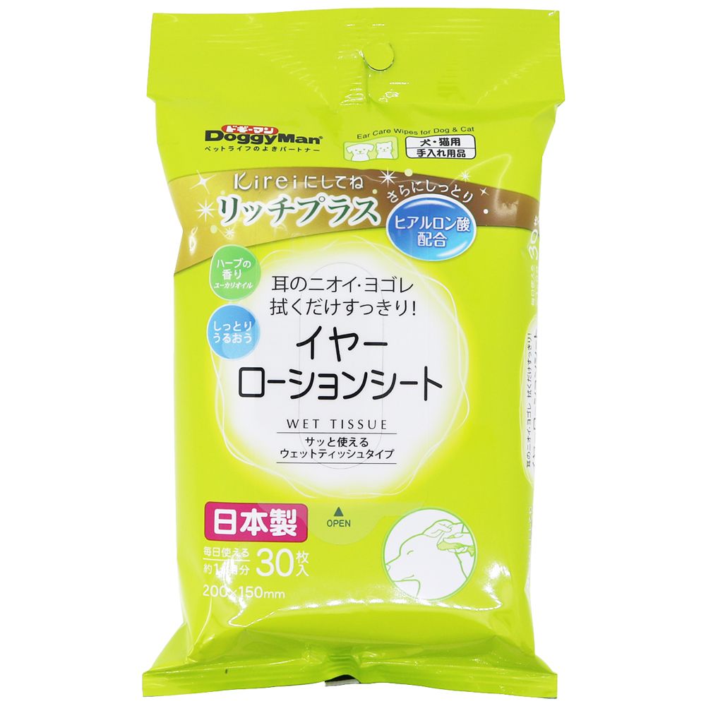 ＜＜ご注意下さい＞＞こちらの商品はメーカーよりお客様へ直接お届けの品になります。 当店での在庫はしておりません。在庫の有無はメーカー在庫のみになりますので、急な欠品や急に廃盤になる可能性がございます。また、上記理由により代金引換便はご利用いただけません。ご注文頂いた商品はメーカーに在庫を確認の上改めてご連絡させていただきますので予めご了承お願い致します。こちらの商品の配送について こちらの商品につきましては送料をお安くするために メーカーより直接お客様へ配送しております。メーカーが使用する運送会社の都合により配送条件が通常の商品と異なりますのでよろしくお願いします。こちらの商品の包装(ラッピング)について○上記の理由(メーカーより直送)により包装はできませんので予めご了承お願いします。こちらの商品のお支払いについて○こちらの商品のお支払い方法は 代金引換便はご利用できませんの で予めご了承お願いします。こちらの商品の不具合について○お届けしましたこちらの商品に不具合があった場合、商品到着日より1週間以内に当店にご連絡ください。メーカーが直接対応させて頂きます。 ○お客様がご自身で修理された場合、費用の負担は致しかねますので予めご了承下さい。・耳周り用のサッと使えるウェットティッシュタイプのシート。・ユーカリオイル、ヒアルロン酸配合のローションたっぷりのシート。・拭くだけ簡単。耳周りの汚れをすっきりふき取る。・20cm×15cm。飼い主さんが指に巻いても使えるゆったりサイズ。・日本製。【材質】不織布、精製水、エタノール、湿潤剤、ユーカリオイル、ヒアルロン酸Na【本体サイズ】シート1枚サイズ：幅200mm×高さ150mm【適応種】全成長期【セット内容】30枚入【原産国または製造地】日本【諸注意】・用途、対象を守る。・ペットの肌に異常がある場合は使用しない。・ペットの肌に合わない場合は使用をやめる。万一、異常が出た場合は獣医師に相談する。・液剤が目や口に入らないように注意する。万一、入ってしまった場合はすぐに清潔な水で十分に洗い流す。・ちぎれたり、誤飲の原因となるため、ペットに噛ませない。・シートは水に溶けないため、トイレには流さない。・乳幼児やペットが触れない所に保管する。・直射日光が当たる所、高温な所を避けて保管する。[イヤケア 耳 ウェットティッシュ 毎日 ケア お手入れ]