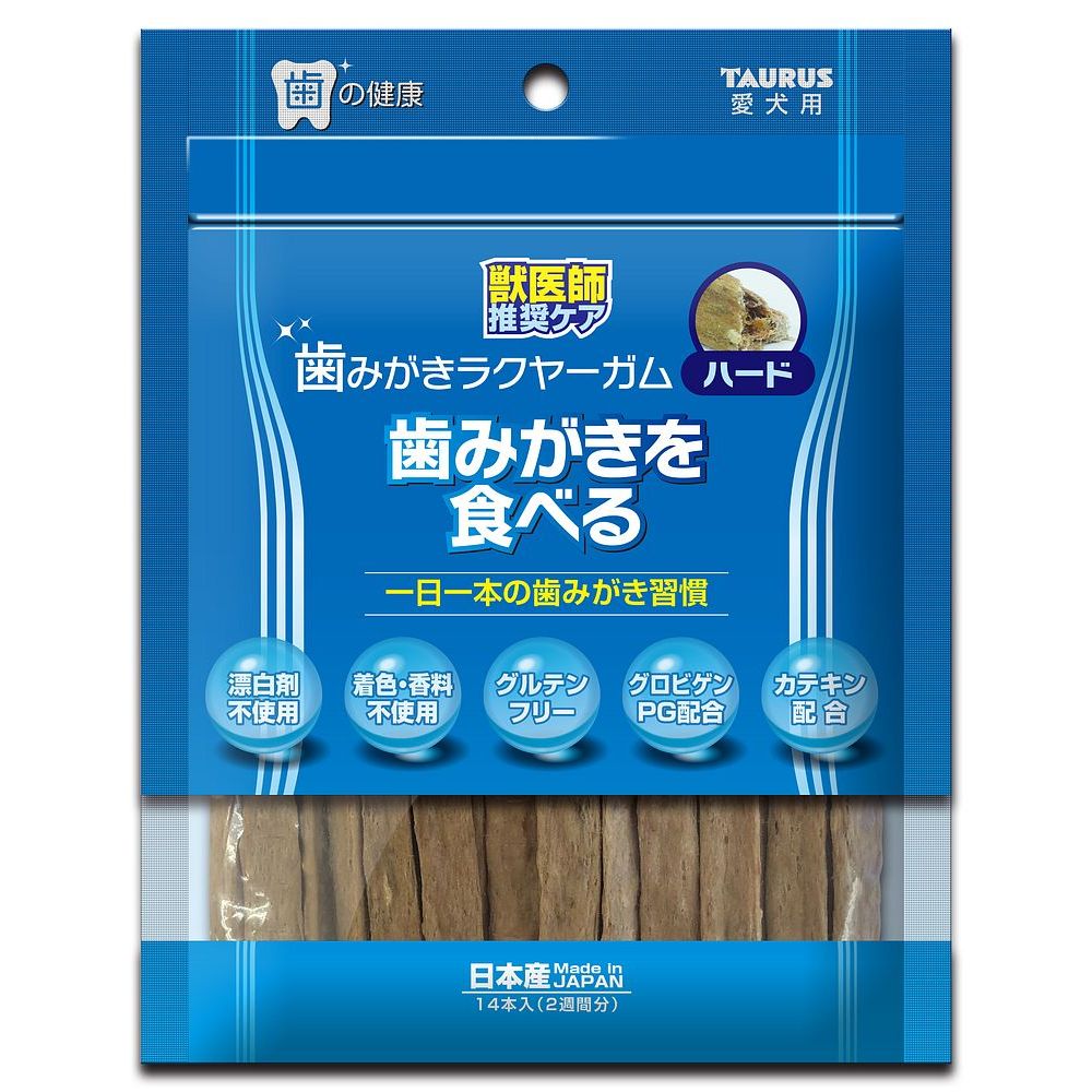 手で持って与える研磨剤配合の歯みがきガム・楽しみながらゆっくり噛むことにこだわった無味仕様。・歯周の環境を維持する特殊卵黄粉末グロビゲンPG配合。・歯垢除去にこだわり、歯に優しい研磨剤(炭酸Ca)を配合した特殊形状仕様。・お口のニオイに配慮し、吸着作用によってニオイを軽減するカテキン配合。【原材料】牛皮、豚皮パウダー、タピオカ澱粉、米粉、炭酸カルシウム、ビタミンE、グリセリン、グロビゲンPG、カテキン、ルチン、ソルビン酸K【保証成分】粗たん白質57.9％以上、粗脂肪3.8％以上、粗繊維0.1％未満、粗灰分8.6％以下、水分8.3％以下【エネルギー】約17.6kcal/1本【賞味期限】13ヶ月【原産国】日本【内容量】14本【個装サイズ】145×185×15mm【個装重量】60g※商品パッケージのリニューアル等により商品画像とお届け商品のパッケージが異なる場合がございます。予めご了承お願い致します。