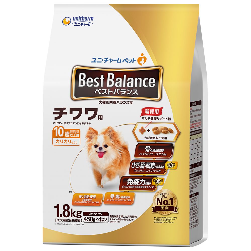 （まとめ買い）ユニ・チャーム ベストバランス カリカリ仕立て チワワ用 10歳以上用 1.8kg 犬用フード 〔×4〕 【北海道・沖縄・離島配送不可】