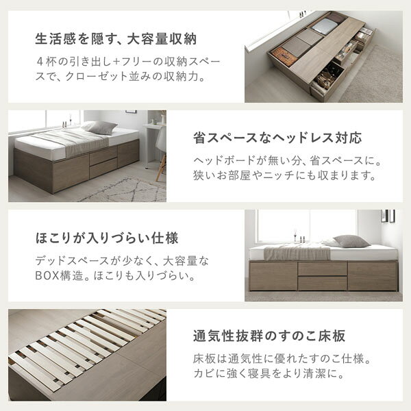 フジックスのヘッドレス チェスト ベッド 通常丈シングル ホワイト 3つ折りポケットコイルマットレス付 引き出し 収納ベッド 【北海道・沖縄・離島配送不可】｜アングル3