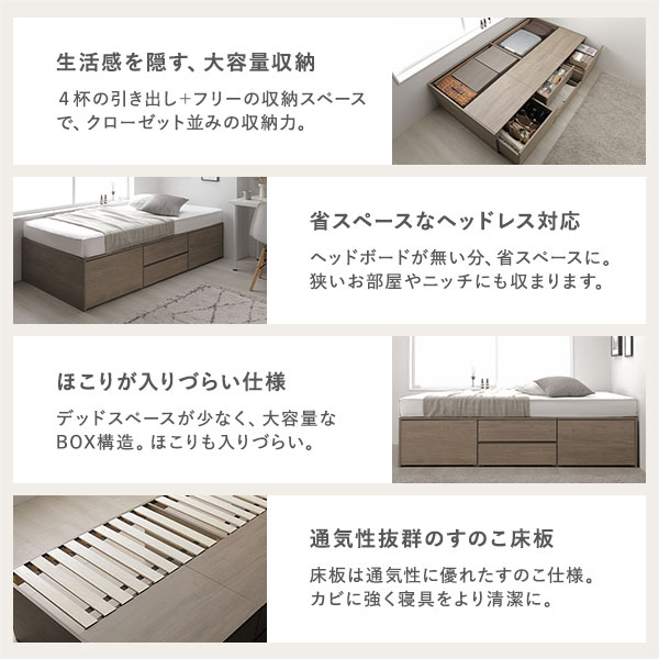 ヘッドレス チェスト ベッド 通常丈セミダブル ホワイト 薄型国産ポケットコイルマットレス付 引き出し 収納ベッド 【北海道・沖縄・離島配送不可】 [3]