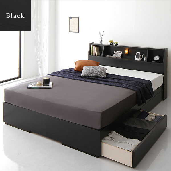 ベッド シングル 海外製ポケットコイルマットレス付き 片面仕様 ブラック 収納付き 木製 棚付き コンセント付き 日本製フレーム