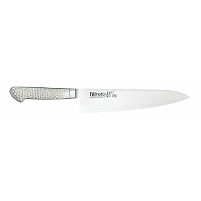 プロの理想の切れ味と使いやすさを追求した造り「Brieto-M11PRO」シリーズ。■モリブデン・バナジウム鋼割込サビにくい13クロームステンレスに、刃物鋼では最高級のモリブデン・バナジウム鋼を刃部に割り込み、最新の設備と高度な技術で造り上げられた製品ですので、使い始めから本格的な切れ味のよさが得られます。■モナカハンドルハンドル部を空洞にし、軽くていつまでも美観を保つ「ステンレスモナカ構造」を採用。また、18-8抗菌性ステンレス鋼を使用し、水・薬品等の高圧・高温殺菌洗浄を可能にした衛生的なハンドルです。※塩素などでの殺菌はご遠慮ください。 ■一体構造刀身とハンドルはすき間のない一体構造で非常に衛生的です。■本研刃造りプロの技術者により、本刃付けする前に研ぎ直しを容易にするため、水研の荒砥・中砥を使用し、刃基を研ぎだしてあります。■本刃付け砥石による本格的な刃付けを施し、鋭い切れ味を長く持続させます。規格:M1102H刃渡×全長/重量:300×436mm/310g材質:刀身:モリブデンバナジウム鋼/ハンドル:18-8ステンレス鋼※画像は代表画像ですので、画像のサイズ感と実際のお届け商品のサイズ感は異なる場合があります。商品名および仕様に記載のサイズ・カラー等がお届けの商品になります。