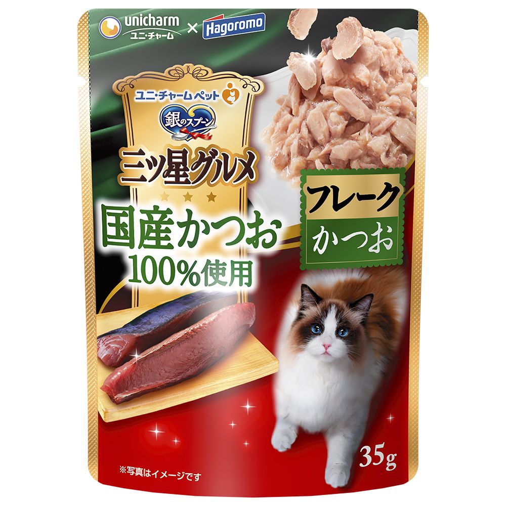 樂天商城 - （まとめ買い）ユニ・チャーム 銀のスプーン 三ツ星グルメ パウチ 国産かつお100％使用フレークかつお 35g 猫用フード 〔×30〕 【北海道・沖縄・離島配送不可】