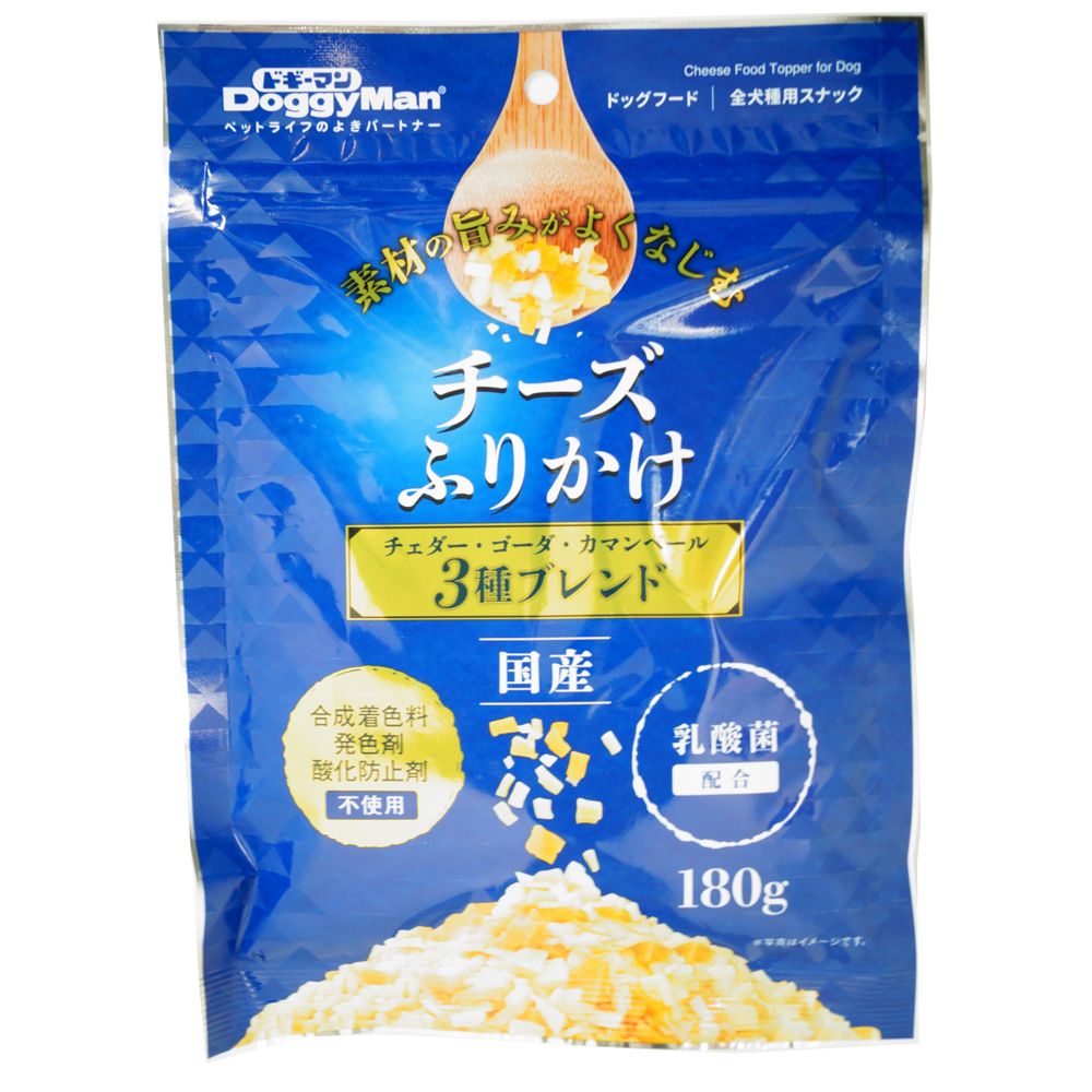 新しいふりかけ素材の旨みがよくなじむオリジナルブレンドのふりかけ。毎日あげるフードに『おいしさ』と『楽しさ』をプラス。味わい、風味が異なるチェダー・ゴーダ・カマンベールの3種のチーズをブレンドし、旨みと香りをいかしたやわらか仕上げ。合成着色料・発色剤・酸化防止剤不使用。からだの健康維持をサポートする『乳酸菌』配合。【原材料(成分)】チーズ(チェダー、ゴーダ、カマンベールを含む)、コーンスターチ、小麦粉、乳酸菌、グリセリン、ミネラル類(カルシウム)、保存料(ソルビン酸カリウム、デヒドロ酢酸ナトリウム)、増粘安定剤(キサンタンガム)、pH調整剤、メタリン酸ナトリウム、ビタミンE、着色料(カロテン、アナトー)【保証成分】粗たん白質10％以上、粗脂肪10.5％以下、粗繊維4％以下、粗灰分10％以下、水分40％以下【エネルギー】320kcal/100g【給与方法】【1日の目安給与量】超小型成犬(5kg以下)・・・〜20g小型成犬(5〜11kg)・・・20〜40g中型成犬(11〜23kg)・・・40〜60g大型犬(23〜40kg)・・・60〜80g・上記目安給与量を参考に1日1〜数回に分け、おやつとして与えたり、フードにふりかけて与えてください。・給与量は犬によって個体差が生じます。食べ残しや便の様子、健康状態をみて調節してください。・2か月未満の幼犬には与えないでください。・犬の習性や性格、食べ方によっては、のどに詰まらせたりする恐れがありますので、適切な大きさにして与えてください。【賞味／使用期限(未開封)】12ヶ月【原産国または製造地】日本【保管方法】・お買い上げ後は直射日光・高温多湿の場所を避けて保存してください。開封後は冷蔵し、賞味期限に関わらず早めに与えてください。・幼児や子供、ペットの触れない場所で保存してください。【個装サイズ】180×245×15mm【個装重量】190g【その他備考】・ご使用前に必ずパッケージ等への記載事項「注意」及び「与え方」などをよくお読みいただき、正しい使用方法でご使用ください。・美味しさを保つために脱酸素剤が入っています。無害ですが食品ではありません。開封後は効果がなくなりますので捨ててください。・天然素材を使用しているため、色にバラつきが生じたり、製造過程上粒のサイズにバラつきが生じる場合がありますが、品質に問題ありません。【分類】犬用スナック：ふりかけタイプ※商品パッケージのリニューアル等により商品画像とお届け商品のパッケージが異なる場合がございます。予めご了承お願い致します。