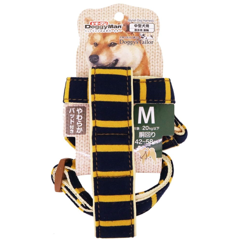 愛犬のお散歩コーデをもっと楽しく♪飼い主さんが愛犬のための仕立て屋さんになり、ぴったり似合うお散歩コーデを探せる犬具のシリーズです。愛犬の毛の色や対象サイズに合わせた色柄だけでなく、表生地素材にもこだわってお選び頂けます。ちょっとしたオーダーメイドのような感覚で楽しめるバリエーション展開です。裏側ナイロンテープの2重構造の頑丈な縫製で、胸当ては柔らかいクッション生地を採用。使いやすいワンタッチバックル仕様の胴輪です。【材質/素材】テープ：ナイロン、コットン、ポリウレタン、ポリエステルパーツ：ポリアセタール、スチール【原産国または製造地】中国【適応サイズ(胴囲)】42〜58cm【個装サイズ】100×170×70mm【個装重量】165g【分類】ペット用品：犬具：ハーネス※商品パッケージのリニューアル等により商品画像とお届け商品のパッケージが異なる場合がございます。予めご了承お願い致します。