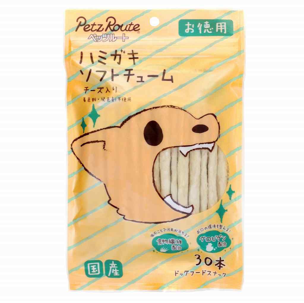 美味しくハミガキできるソフトガム美味しく噛んで歯磨きになるソフトガム。難消化性食物繊維を噛むことで歯垢を落とす。チーズ入り。着色料、発色剤不使用。【原材料(成分)】牛皮、米粉、食物繊維、タピオカでん粉、チーズ、還元水飴、グロビゲン(卵黄粉末)、グリセリン、酸化防止剤(ピロ亜硫酸Na)、保存料(ソルビン酸K)【保証成分】たん白質：29.0％以上、脂質3.5％以上、粗繊維3.5％以下、灰分：3.5％以下、水分29.0％以下【エネルギー】約280kcal/100g当たり【給与方法】超小型犬(1〜5kg位)1〜3本小型犬(5〜11kg位)3〜5本中型犬(11〜23kg位)5〜8本大型犬(23〜40kg位)8〜12本【賞味／使用期限(未開封)】13ヶ月【原産国または製造地】日本【保管方法】【保存上の注意】(未開封)幼児やペットの手が届かない所で、直射日光、高温多湿を避けて保存してください。常温で保存できますが、なるべく低温で保管してください。(内袋開封後)袋口を閉じて必ず冷蔵庫で保存してください。おいしさが落ちますので早めに与えてください。【個装サイズ】150×240×20mm【個装重量】145g【その他備考】・製造の都合上、色状・大きさ・長さ・形状・香り・かたさにバラつきがあります。【使用上の注意】・本品は間食です。生後4ヶ月位まで(離乳期前後)の幼犬には与えないでください。成長期なので、主食だけをあげてください。・愛犬の性格や食べ方、お腹の減り具合では、のどに詰まらせたりする場合があります。個体差により適切な大きさにして、目の届く所で与えてください。・お子様が愛犬に与える時は、安全のため大人が立ち会ってください。・給与量を参考に、愛犬が食べ過ぎないようにしてください。・原材料を確認してから与えてください。・愛犬の体調が悪くなった時には獣医師に相談してください。【分類】犬用スナック：ガム※商品パッケージのリニューアル等により商品画像とお届け商品のパッケージが異なる場合がございます。予めご了承お願い致します。