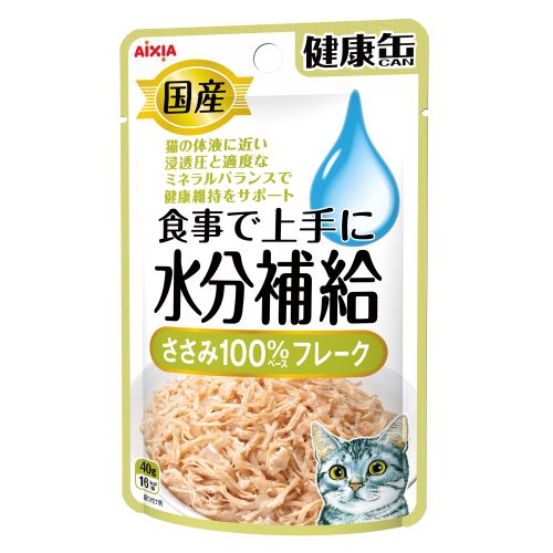 食事で上手に水分補給！・猫の体液の浸透圧に近くなるように成分濃度を調整・水分と電解質を上手に補給できるように、ミネラルバランスを調整・ドライフードの食事が多い猫や、お水をあまり飲んでくれない猫に好適。・フレークタイプ【原材料(成分)】鶏ササミ、まぐろエキス、たんぱく加水分解物、果糖ぶどう糖液糖、増粘多糖類、グリシン、クエン酸Na【保証成分】たんぱく質8.1％以上、脂質0.3％以上、粗繊維0.1％以下、灰分0.8％以下、水分90.3％以下【エネルギー】16kcal/袋【賞味／使用期限(未開封)】24ヶ月【原産国または製造地】日本【個装サイズ】85×135×12mm【個装重量】45g【分類】猫用フード：レトルトパウチ※商品パッケージのリニューアル等により商品画像とお届け商品のパッケージが異なる場合がございます。予めご了承お願い致します。