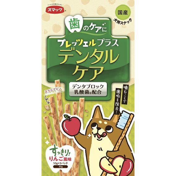 噛むことで歯垢を除去！大切な愛犬のために全て食品用(ヒューマングレード)の原材料を使用した、犬用スナック「プレッツェル」にデンタルケアの機能性をプラスしました。【デンタブロック乳酸菌】を配合し、健康を維持することで免疫力を保ちます。また、スクラブ(微粒二酸化ケイ素)が噛むことで歯垢を除去します。 こだわりの原材料・配合・製法により愛犬が食べる際に粉が散らからないようにしました。1本そのまま与えると愛犬が前足で持って食べるかわいらしい姿が見られるかも!?愛犬のお口に合わせて簡単に手で割ってお与えいただけます。 便利な小分けパック(10g)でお出かけ・お散歩にもおすすめです。食後やおやつに与えてください。※デンタブロック乳酸菌は株式会社キティーの登録商標です。【原材料(成分)】小麦粉、コーングリッツ、りんごパウダー、植物性油脂、澱粉、オリゴ糖、小麦たん白、食塩、パン酵母、殺菌乳酸菌(デンタブロック乳酸菌(R))、微粒二酸化ケイ素、膨張剤【保証成分】たんぱく質12.0％以上、脂質6.0％以上、粗繊維2.0％以下、灰分3.0％以下、水分10.0％以下【エネルギー】37kcal/10g（1パック）【賞味／使用期限(未開封)】24ヶ月【原産国または製造地】日本【個装サイズ】85×159×28mm【個装重量】32g【分類】犬用スナック：ビスケット・クッキー※商品パッケージのリニューアル等により商品画像とお届け商品のパッケージが異なる場合がございます。予めご了承お願い致します。