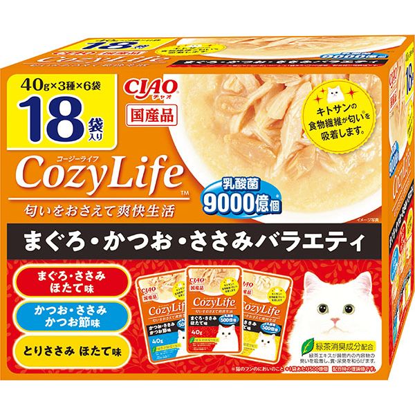 （まとめ買い）いなばペットフード CIAO CozyLifeパウチ まぐろ・かつお・ささみバラエティ 40g×18袋入 猫用フード 〔×3〕 【北海道・沖縄・離島配送不可】