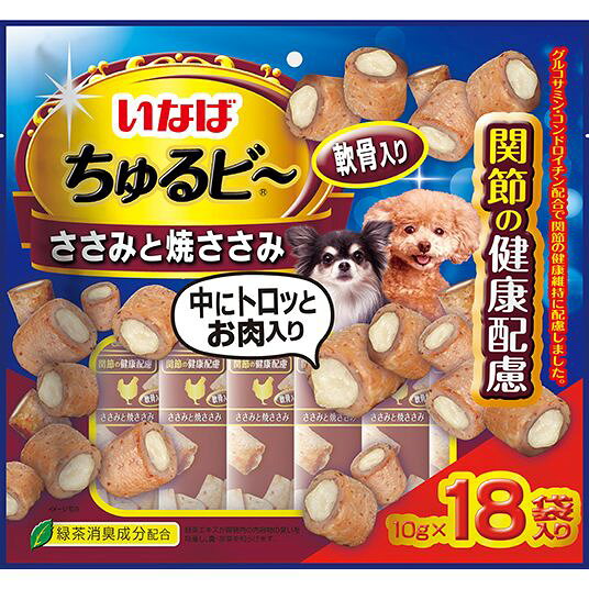 1粒で2つの美味しさ！・外はふっくら、中はトロッと、2つの食感が楽しめます。・グルコサミンとコンドロイチン配合し関節の健康に配慮・緑茶消臭成分配合で腸管内の内容物の臭いを吸着し、糞、尿臭を和らげます。・保存料不使用【原材料(成分)】鶏肉(ささみ)、鶏脂、鶏軟骨、でん粉、卵白粉末、かつお節、チキンエキス、オリゴ糖、酵母エキス、寒天、カゼインナトリウム、増粘多糖類、グルコサミン、コンドロイチン硫酸塩、ビタミンE、緑茶エキス、紅麹色素【保証成分】たんぱく質24.0％以上、脂質4.2％以上、粗繊維0.1％以下、灰分2.0％以下、水分69.5％以下【エネルギー】約20kcal/袋【賞味／使用期限(未開封)】18ヶ月【原産国または製造地】中国【個装サイズ】300×280×30mm【個装重量】230g【分類】犬用スナック※商品パッケージのリニューアル等により商品画像とお届け商品のパッケージが異なる場合がございます。予めご了承お願い致します。