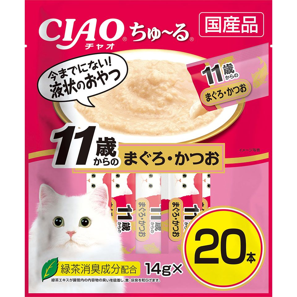 とろ〜り食べやすい液状おやつ！・一度食べたらやみつき！猫ちゃんの好きなを素材を液状にしたおやつです。・ちゅ〜っと出して、なめるだけで簡単に栄養補給。・緑茶消臭成分配合！緑茶エキスが腸管内の内容物の臭いを吸着し、糞尿臭を和らげます。・食べきりやすい14g×20本。【原材料(成分)】まぐろ、かつお、まぐろエキス、タンパク加水分解物、コラーゲンペプチド、糖類(オリゴ糖等)、植物性油脂、増粘安定剤(加工でん粉、増粘多糖類)、ミネラル類(Na、P、Cl)、調味料(アミノ酸)、ビタミンE、緑茶エキス、紅麹色素【保証成分】たんぱく質7.0％以上、脂質0.2％以上、粗繊維0.1％以下、灰分1.5％以下、水分91.0％以下【エネルギー】約7kcal/本【給与方法】1日4本を目安におやつとしてお与えください。【賞味／使用期限(未開封)】24ヶ月【原産国または製造地】日本【個装サイズ】200×240×30mm【個装重量】315g【その他備考】・お使い残りが出た場合は、他の容器に移し替えて冷蔵庫に入れ早めにお与えください。・袋の誤飲にご注意ください。【分類】猫用スナック：レトルトタイプ※商品パッケージのリニューアル等により商品画像とお届け商品のパッケージが異なる場合がございます。予めご了承お願い致します。