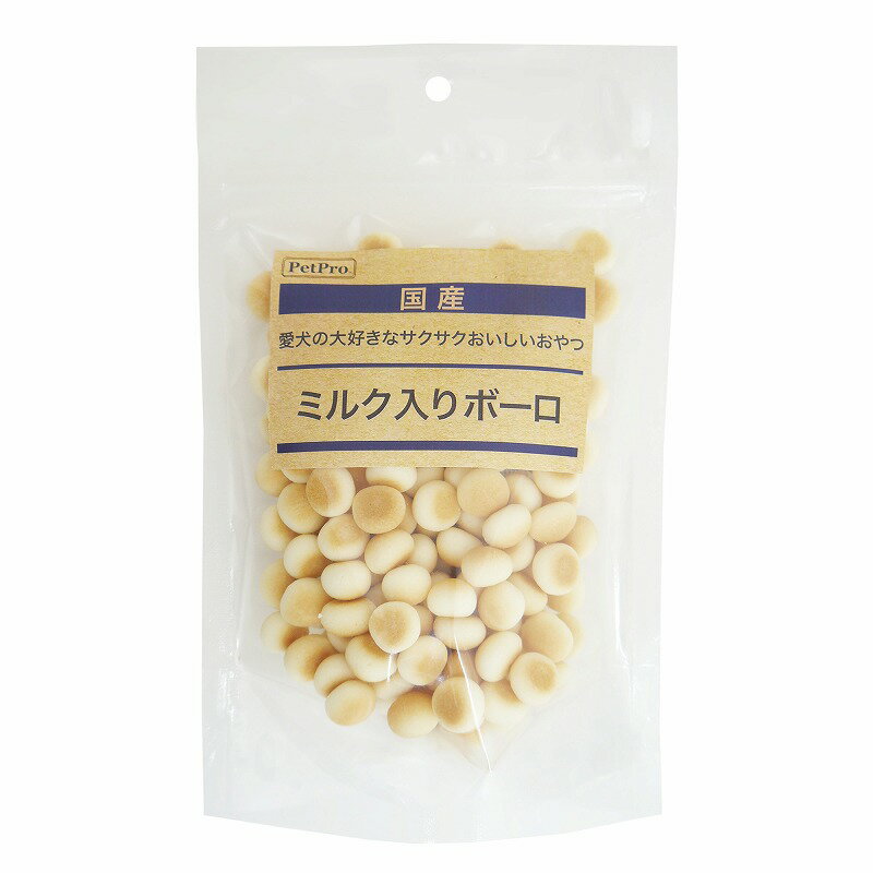 愛犬がが大好きなサクサク美味しい愛犬用ボーロサクサク食べやすい愛犬用ボーロ。ひとつひとつが小さいので、小型犬にも与えやすく、おやつやしつけのご褒美として最適です。【原材料(成分)】馬鈴薯澱粉、砂糖、卵、ぶどう糖、水飴、脱脂粉乳【保証成分】たんぱく質1.5％以上、脂質0.8％以上、粗繊維0.1％以下、灰分0.3％以下、水分4.0％以下【エネルギー】387kcal/100g【給与方法】【1日の給与量目安】超小型犬(〜5kg)：〜20粒 小型犬(5〜10kg)：20〜40粒 中型犬(10〜20kg)：40〜70粒 大型犬(20〜40kg)：70〜120粒・健康状態や年齢、運動量を考慮して上で給与量を参考に1日数回に分けてお与えください。【賞味／使用期限(未開封)】12ヶ月【原産国または製造地】日本【保管方法】直射日光、高温多湿を避け開封後は冷蔵庫で保存し、賞味期限に関わらず早めにお与えください。【個装サイズ】140×220×50mm【個装重量】90g【その他備考】・本品は愛犬用おやつです。主食として与えないでください。・愛犬の食べ方や習性によっては、のどに詰まらせることがありますので必ず観察しながらお与えください。・製造工程上、焼き色・形状・サイズ・硬さなどに多少のばらつきがあります。また、時間の経過とともに変色する場合がありますが、品質には問題ありません。・生後6ヶ月未満の幼犬は消化できないことがございますので与えないでください。・子供が愛犬に与える際は、安全のため大人が監視してください。・幼児、子供の手の届かない、またペットのふれられない所に保管してください。・愛犬の体調が悪くなった時は、獣医師にご相談ください。【分類】犬用おやつ：ビスケット・クッキー※商品パッケージのリニューアル等により商品画像とお届け商品のパッケージが異なる場合がございます。予めご了承お願い致します。