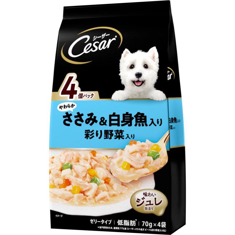 （まとめ買い）マース シーザー やわらかささみ＆白身魚入り 彩り野菜入り 70g×4袋 犬用フード 〔×12〕 【北海道・沖縄・離島配送不可】