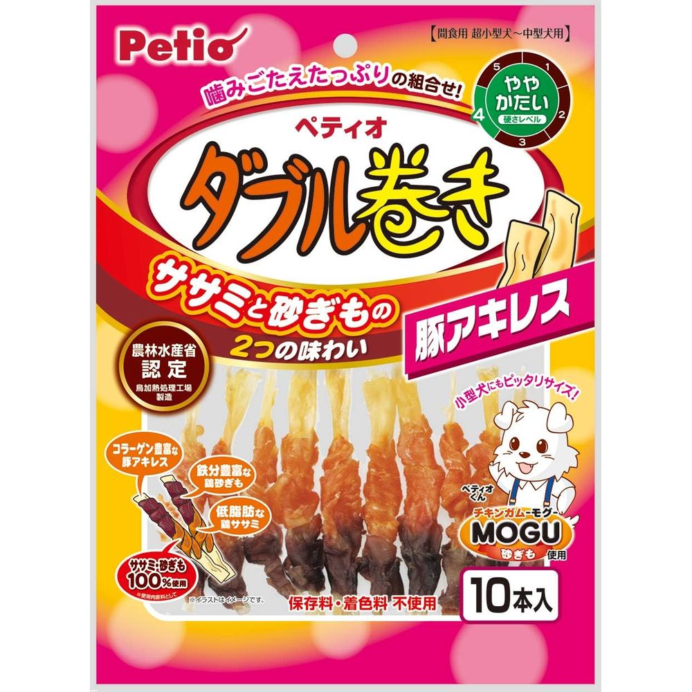 ＜＜ご注意下さい＞＞こちらの商品はメーカーよりお客様へ直接お届けの品になります。 当店での在庫はしておりません。在庫の有無はメーカー在庫のみになりますので、急な欠品や急に廃盤になる可能性がございます。また、上記理由により代金引換便はご利用いただけません。ご注文頂いた商品はメーカーに在庫を確認の上改めてご連絡させていただきますので予めご了承お願い致します。こちらの商品の配送について こちらの商品につきましては送料をお安くするために メーカーより直接お客様へ配送しております。メーカーが使用する運送会社の都合により配送条件が通常の商品と異なりますのでよろしくお願いします。こちらの商品の包装(ラッピング)について○上記の理由(メーカーより直送)により包装はできませんので予めご了承お願いします。こちらの商品のお支払いについて○こちらの商品のお支払い方法は 代金引換便はご利用できませんの で予めご了承お願いします。こちらの商品の不具合について○お届けしましたこちらの商品に不具合があった場合、商品到着日より1週間以内に当店にご連絡ください。メーカーが直接対応させて頂きます。 ○お客様がご自身で修理された場合、費用の負担は致しかねますので予めご了承下さい。鶏ササミと砂ぎもの2つの味わい。小型犬にもぴったりサイズ！低脂肪な鶏ササミと鉄分豊富な砂ぎもを、コラーゲン豊富でしっかりした噛みごたえが楽しめる豚アキレスにダブルで巻いた食いつき抜群なスナックです！保存料・着色料　不使用。【原材料】肉類(豚アキレス、鶏砂ぎも、鶏ササミ)、グリセリン【保証成分】粗たん白質66.5％以上、粗脂肪3.5％以上、粗繊維0.1％以下、粗灰分3.5％以下、水分18.0％以下【エネルギー】355kcal/100g【注意事項】本商品は犬用で、間食用です。主食として与えないでください。 消化器官が未発達な1歳未満の幼犬や、のどに詰まらせることがある大型犬、超大型犬には与えないでください。 犬の食べ方や習性によっては、のどに詰まらせることがありますので必ず観察しながらお与えください。 与え方の給与量、および保存方法をお守りください。 子供がペットに与える場合は、大人が立ち会ってください。 幼児、子供、ペットのふれない所に保管してください。 ※直射日光、高温多湿の場所をさけて保存してください。 ※開封後は必ず封をして冷蔵庫で保存し、賞味期限に関わらずなるべく早くお与えください。【賞味期限】12ヶ月※商品パッケージのリニューアル等により商品画像とお届け商品のパッケージが異なる場合がございます。予めご了承お願い致します。