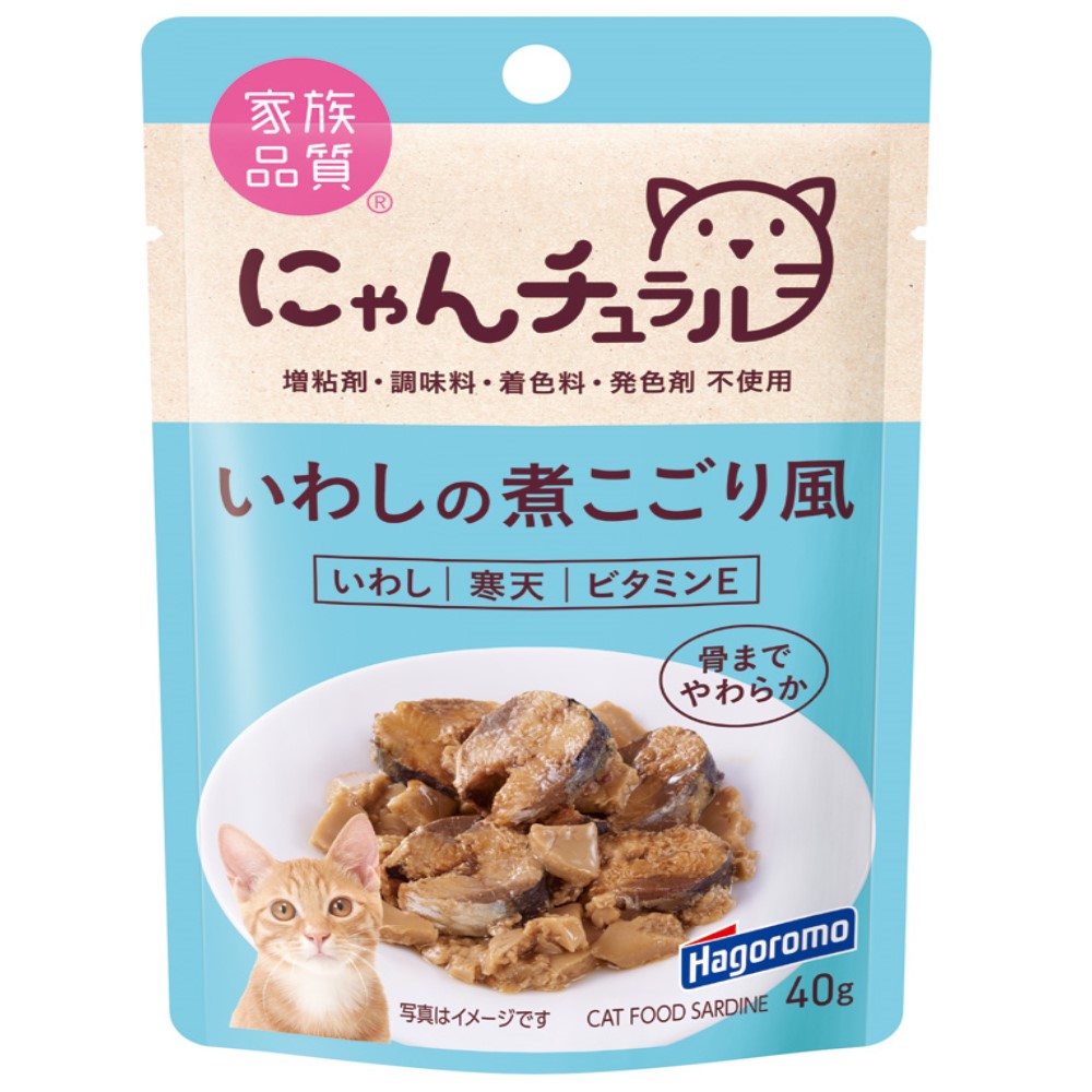 DHA・EPAたっぷり魚の香りで食いつきもアップ・いわしの旨みと栄養を寒天でとじこめ、骨までやわらかく仕上げました。・DHA、EPAが豊富に含まれています。・猫ちゃんの好きな魚のにおいで食いつきもよいです。・増粘剤、調味料、着色料、発色剤 不使用【原材料(成分)】いわし、寒天、ビタミンE【保証成分】たんぱく質12％以上、脂質5％以上、粗繊維0.5％以下、灰分2％以下、水分78％以下、マグネシウム0.028％、カルシウム0.208％、ナトリウム0.092％、リン0.269％、DHA0.36％、EPA0.76％【エネルギー】約46kcal/袋【給与方法】1回1袋、1日2回が目安です。総合栄養食と一緒にお与えください。【賞味／使用期限(未開封)】製造より25ヶ月【原産国または製造地】タイ【個装サイズ】94×145×10mm【個装重量】46g【その他備考】・天然由来の原料を使用しているため、色合い・形状などにバラツキがあります。・いわしの水溶性たんぱく質が凝固することがありますが、品質には問題ありません。【分類】猫用フード：レトルトパウチ※商品パッケージのリニューアル等により商品画像とお届け商品のパッケージが異なる場合がございます。予めご了承お願い致します。