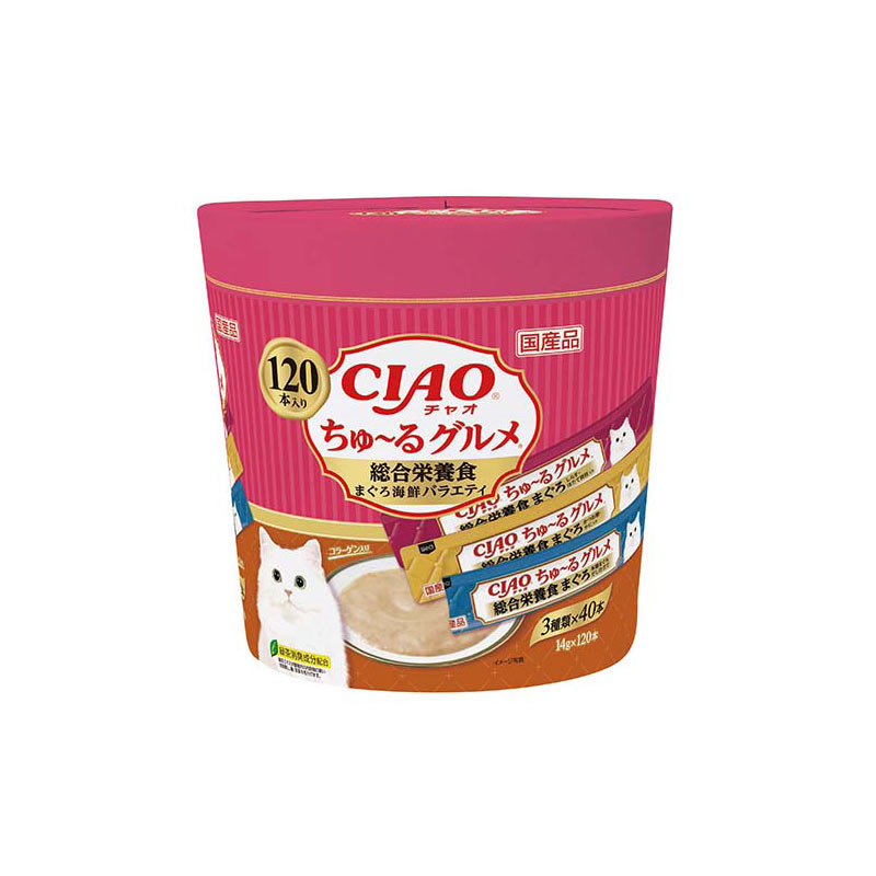 とろ〜り食べやすい液状ごはん！・一度食べたらやみつき！猫ちゃんの好きなを素材を液状にしたごはんです。(総合栄養食)・ちゅ〜っと出して、なめるだけで簡単に栄養補給。・緑茶消臭成分配合！緑茶エキスが腸管内の内容物の臭いを吸着し、糞尿臭を和らげます。・食べきりやすい14g×120本・3種類の味が楽しめるバラエティパック【原材料(成分)】【まぐろ 本格まぐろだし仕立て】まぐろ、鶏脂、まぐろエキス、タンパク加水分解物、糖類(オリゴ糖等)、コラーゲンペプチド、植物性油脂、増粘剤(加工でん粉)、ミネラル類(Ca、Cu、Mn、Zn、I、Fe、Na、P、Cl、K)増粘多糖類、ビタミン類(A、E、B1、B2、B6、K、コリン、ビオチン、葉酸)、調味料(アミノ酸等)、紅麹色素、タウリン、緑茶エキス【まぐろ かつお節・かに入り】まぐろ、鶏脂、かに、かつお節、まぐろエキス、タンパク加水分解物、糖類(オリゴ糖等)、コラーゲンペプチド、植物性油脂、増粘剤(加工でん粉)、ミネラル類(Ca、Cu、Mn、Zn、I、Fe、Na、P、Cl、K)増粘多糖類、ビタミン類(A、E、B1、B2、B6、K、コリン、ビオチン、葉酸)、調味料(アミノ酸等)、紅麹色素、タウリン、緑茶エキス【まぐろ しらす・ほたて貝柱入り】まぐろ、鶏脂、しらす、ほたて貝柱、まぐろエキス、タンパク加水分解物、糖類(オリゴ糖等)、コラーゲンペプチド、植物性油脂、増粘剤(加工でん粉)、ミネラル類(Ca、Cu、Mn、Zn、I、Fe、Na、P、Cl、K)増粘多糖類、ビタミン類(A、E、B1、B2、B6、K、コリン、ビオチン、葉酸)、調味料(アミノ酸等)、紅麹色素、タウリン、緑茶エキス【保証成分】たんぱく質7.0％以上、脂質3.8％以上、粗繊維0.5％以下、灰分3.0％以下、水分85.0％以下【エネルギー】約13kcal/本【賞味／使用期限(未開封)】24ヶ月【原産国または製造地】日本【個装サイズ】195×190×150mm【個装重量】2200g【分類】猫用おやつ[ キャットフード ]※商品パッケージのリニューアル等により商品画像とお届け商品のパッケージが異なる場合がございます。予めご了承お願い致します。