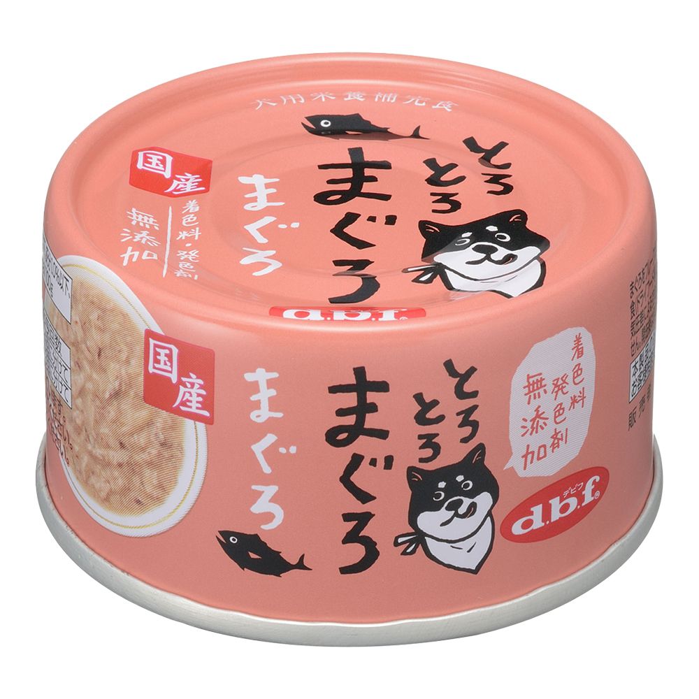 とろみタイプに仕上げた食べやすい缶詰！・まぐろをフレーク状にほぐし、食べやすいとろみタイプに仕上げました。・着色料、発色剤 無添加【原材料(成分)】まぐろ、タピオカでん粉【保証成分】たんぱく質9.5％以上、脂質0.3％以上、粗繊維0.5％以下、灰分1.0％以下、水分91.0％以下、ナトリウム0.12％以下【エネルギー】50kcal/100g【給与方法】・総合栄養食(ドライフード等)と一緒に与えてください。・ペットの運動量、体調を考慮して量を調整してください。【賞味／使用期限(未開封)】1080日【原産国または製造地】日本【保管方法】・開缶後は別の容器に移し替え、冷蔵庫で保管して早めに与えて下さい。【個装サイズ】65×35×65mm【個装重量】75g【その他備考】・加熱による焦げや色むら、開缶時の気圧差による空気流入でくぼみが生じる場合がありますが、品質には問題ありません。【分類】犬用フード：犬用缶詰[ ドッグフード ]※商品パッケージのリニューアル等により商品画像とお届け商品のパッケージが異なる場合がございます。予めご了承お願い致します。