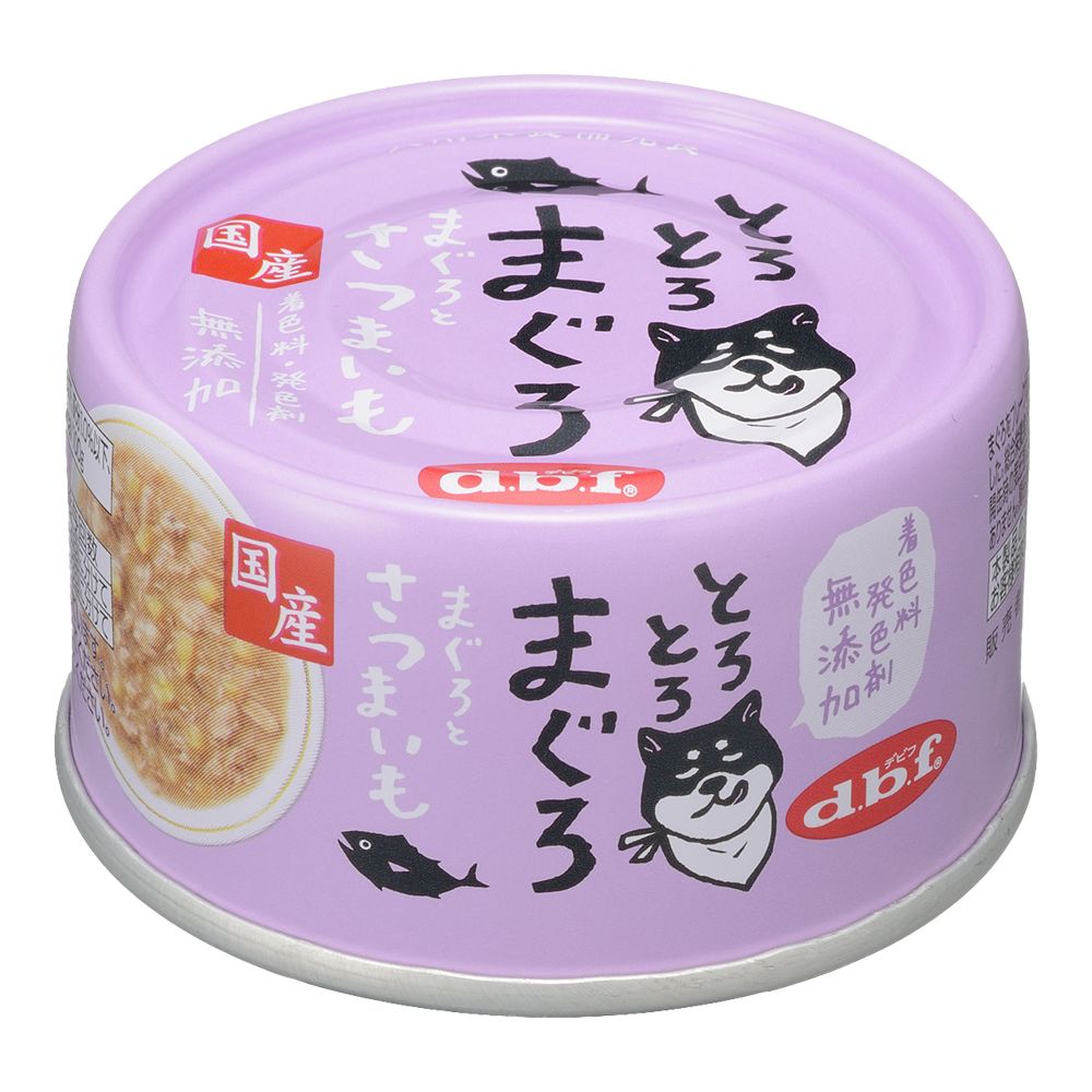 とろみタイプに仕上げた食べやすい缶詰！・まぐろをフレーク状にほぐし、さつまいもを加え、食べやすいとろみタイプに仕上げました。・着色料、発色剤 無添加【原材料(成分)】まぐろ、さつまいも、タピオカでん粉【保証成分】たんぱく質7.5％以上、脂質0.4％以上、粗繊維0.5％以下、灰分1.0％以下、水分92.0％以下、ナトリウム0.10％以下【エネルギー】45kcal/100g【給与方法】・総合栄養食(ドライフード等)と一緒に与えてください。・ペットの運動量、体調を考慮して量を調整してください。【賞味／使用期限(未開封)】1080日【原産国または製造地】日本【保管方法】・開缶後は別の容器に移し替え、冷蔵庫で保管して早めに与えて下さい。【個装サイズ】65×35×65mm【個装重量】75g【その他備考】・加熱による焦げや色むら、開缶時の気圧差による空気流入でくぼみが生じる場合がありますが、品質には問題ありません。【分類】犬用フード：犬用缶詰[ ドッグフード ]※商品パッケージのリニューアル等により商品画像とお届け商品のパッケージが異なる場合がございます。予めご了承お願い致します。