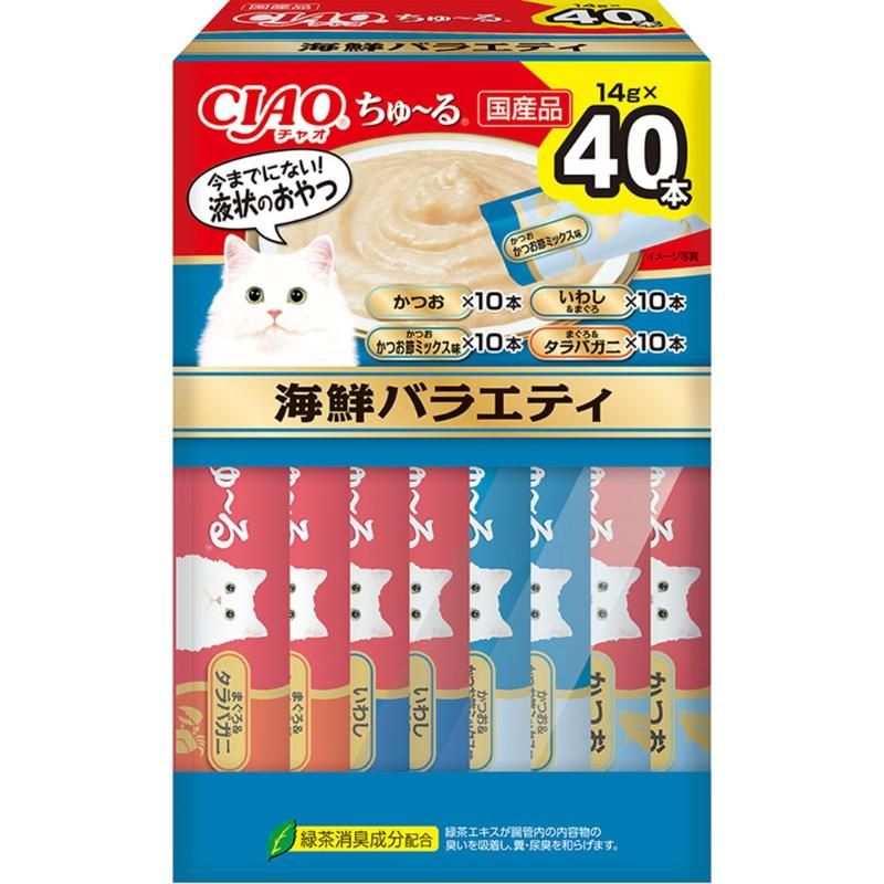今までにない！液状おやつ・食べきりサイズで美味しいおやつです。一度与えたらやみつきになる美味しさです。・4種類の味が楽しめるバラエティパック・緑茶抽出成分が腸管内の内容物の臭いを吸着し、糞・尿臭を和らげます。【原材料(成分)】【かつお】かつお、かつお節エキス、糖類(オリゴ糖等)、植物性油脂、増粘安定剤(加工でん粉、増粘多糖類)、ミネラル類(Na、P、Cl)、調味料(アミノ酸)、ビタミンE、緑茶エキス、紅麹色素、カラメル色素【かつお　かつお節ミックス味】かつお、かつお節エキス、糖類(オリゴ糖等)、植物性油脂、増粘安定剤(加工でん粉、増粘多糖類)、ミネラル類(Na、P、Cl)、調味料(アミノ酸)、ビタミンE、緑茶エキス、紅麹色素【いわし＆まぐろ】いわし、まぐろ、魚介エキス、タンパク加水分解物、糖類(オリゴ糖等)、植物性油脂、増粘安定剤(加工でん粉、増粘多糖類)、ミネラル類(Na、P、Cl)、調味料(アミノ酸)、紅麹色素、ビタミンE、緑茶エキス【まぐろ＆タラバガニ】まぐろ、タラバガニ、カニエキス、タンパク加水分解物、糖類(オリゴ糖等)、植物性油脂、増粘安定剤(加工でん粉、増粘多糖類)、ミネラル類(Na、P、Cl)、調味料(アミノ酸)、ビタミンE、紅麹色素、緑茶エキス【保証成分】たんぱく質7.0％以上、脂質0.2％以上、粗繊維0.1％以下、灰分1.7％以下、水分91.0％以下【エネルギー】約7kcal/本【給与方法】・1日4本を目安におやつとしてお与えください。【賞味／使用期限(未開封)】730日【原産国または製造地】日本【保管方法】・お使い残りが出た場合は、他の容器に移し替えて冷蔵庫に入れ早めにお与えください。【個装サイズ】110×170×60mm【個装重量】760g【その他備考】・袋の誤飲にご注意ください。【分類】猫用おやつ[ キャットフード ちゅーる ]※商品パッケージのリニューアル等により商品画像とお届け商品のパッケージが異なる場合がございます。予めご了承お願い致します。
