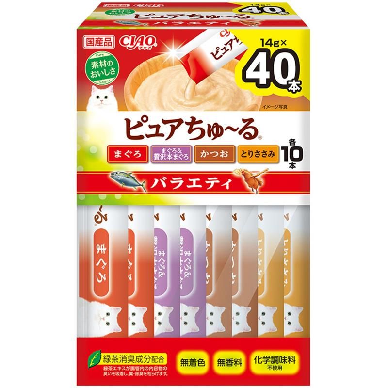 素材の美味しさそのまま！・素材そのままのおいしさをいかしたちゅ〜るのバラエティボックスです。・無着色、無香料、化学調味料不使用・緑茶消臭成分配合で、腸管内の内容物の臭いを吸着し、糞・尿臭を和らげます。【原材料(成分)】【まぐろ】まぐろ、魚介エキスパウダー(まぐろ、ほたて)、増粘安定剤(加工でん粉、増粘多糖類)、緑茶エキス【まぐろ＆贅沢本まぐろ】まぐろ、魚介エキスパウダー(まぐろ、ほたて)、増粘安定剤(加工でん粉、増粘多糖類)、緑茶エキス【かつお】かつお、魚介エキスパウダー(まぐろ、ほたて)、増粘安定剤(加工でん粉、増粘多糖類)、緑茶エキス【とりささみ】鶏肉(ささみ)、魚介エキスパウダー(まぐろ、ほたて)、増粘安定剤(加工でん粉、増粘多糖類)、緑茶エキス【保証成分】たんぱく質7.0％以上、脂質0.4％以上、粗繊維0.1％以下、灰分1.2％以下、水分91.0％以下【エネルギー】約7kcal/本【給与方法】・1日4本を目安におやつとしてお与えください。【賞味／使用期限(未開封)】24ヶ月【原産国または製造地】日本【保管方法】・お使い残りが出た場合は、他の容器に移し替えて冷蔵庫に入れ早めにお与えください。【個装サイズ】110×170×60mm【個装重量】760g【その他備考】・原料由来の成分が茶色や黒く見えることがありますが、品質には問題ありませんのでご安心ください。・袋の誤飲にご注意ください。【分類】猫用おやつ[ キャットフード ちゅーる ]※商品パッケージのリニューアル等により商品画像とお届け商品のパッケージが異なる場合がございます。予めご了承お願い致します。