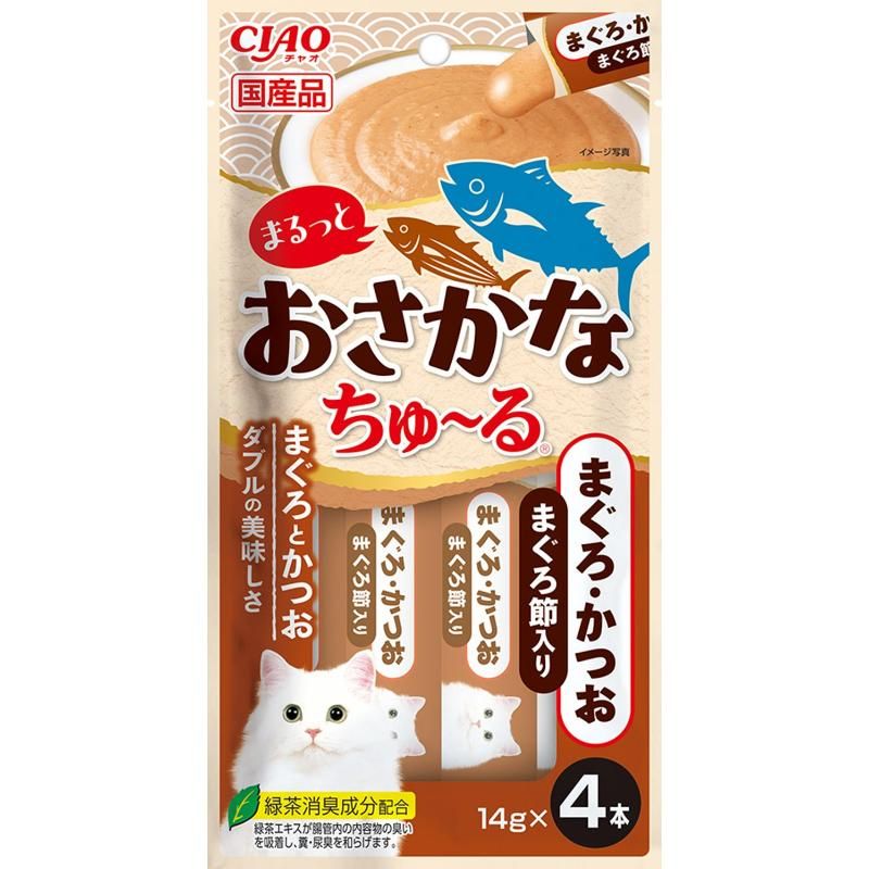 （まとめ買い）いなばペットフード CIAO チャオ まるっとおさかなちゅ〜る まぐろ・かつお まぐろ節入り 14g×4本 猫用おやつ 〔×18〕 【北海道・沖縄・離島配送不可】