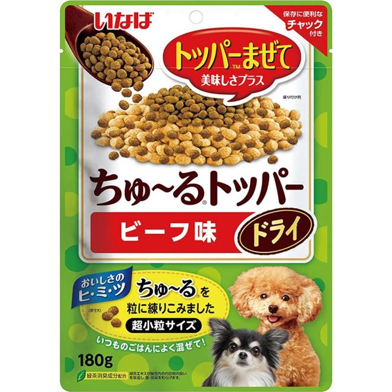 粒にちゅ〜るを練りこんだ、新しいおやつ！・粒にちゅ〜るを練りこんだドライタイプのおやつです。・いつものごはんに混ぜていただくことで美味しさをプラス。・ドライフードに混ざりやすい超小粒サイズ。・わんちゃんの好きなフレーバーで粒をコーティング。・保存に便利なチャック付き。・緑茶消臭成分配合。緑茶エキスが腸管内の内容物の臭いを吸着し、糞・尿臭を和らげます。※トッパーとは…ドライフードによく混ざるように作ったフードで、普段の食事の嗜好性と栄養価をより高いものにします。【原材料(成分)】肉類(家禽ミール、鶏肉(ささみ)、チキンエキス、家禽パウダー、チキンパウダー)、穀類(とうもろこし、小麦粉、パン粉)、牛脂、酵母細胞壁、魚介類(フィッシュミール、ほたてエキス)、植物性油脂、ビーフ風味パウダー、ミネラル類(カルシウム、鉄、マンガン、銅、亜鉛、カリウム、ヨウ素、リン、塩素、セレン)、ビタミン類(A、D3、E、K、B1、B2、B6、B12、パントテン酸、ナイアシン、ビオチン、葉酸、コリン)、キトサン、メチオニン、pH調整剤、酸化防止剤(アスコルビン酸、クエン酸、ローズマリー抽出物)、ユッカ抽出物、緑茶エキス【保証成分】たんぱく質29.0％以上、脂質12.0％以上、粗繊維2.0％以下、灰分10.0％以下、水分10.0％以下【エネルギー】約380kcal/100g【給与方法】愛犬の体重に応じて下記を目安におやつとしてそのまま与えるか、主食(ドライフード、缶詰等)に混ぜてお与えください。3kg：10g/日、5kg：15g/日、8kg：20g/日、10kg：25g/日【賞味／使用期限(未開封)】18ヶ月【原産国または製造地】タイ【保管方法】直射日光のあたる場所、湿気の多い場所を避け、風通しの良い所に保存しなるべく早くお与えください。【個装サイズ】135×200×50mm【個装重量】190g【分類】犬用おやつ：ふりかけタイプ[ ドッグフード ちゅーる ]※商品パッケージのリニューアル等により商品画像とお届け商品のパッケージが異なる場合がございます。予めご了承お願い致します。