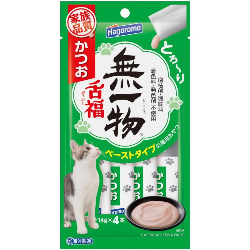 ペーストタイプの猫用おやつ！・かつおと水と米粉だけで作ったシンプルな猫ちゃんのおやつです。余計なものを加えないので、素材の味がいきています。・塩水使用しない凍結方法を採用し、健康に配慮しています。・増粘剤等は使用せず、米粉の配合を調整することで、ちょうどいい粘度に仕上げました。・おいしさ・食べやすさはもちろん、食品同様の厳しい基準で作られた安心・安全製品です。【原材料(成分)】かつお、米粉【保証成分】たんぱく質8％以上、脂質0.4％以上、粗繊維0.5％以下、灰分1％以下、水分88％以下マグネシウム0.016％、カルシウム0.005％、ナトリウム0.023％、リン0.084％【エネルギー】約7kcal/小袋【給与方法】1回1本、1日2回が目安です。愛猫の間食としてお与えください。【賞味／使用期限(未開封)】製造より25ヶ月【原産国または製造地】インドネシア【保管方法】常温保存【個装サイズ】110×210×10mm【個装重量】68g【その他備考】・開封時に中身が飛び散る場合がありますのでご注意ください。・袋の誤飲にご注意ください。・原料に魚を使用しているため、まれに骨・皮などが混入する場合があります。・天然由来の原料を使用しているため、色合い・形状などにバラツキがあります。開封後はお早めにご使用ください。【分類】猫用おやつ[ キャットフード ]※商品パッケージのリニューアル等により商品画像とお届け商品のパッケージが異なる場合がございます。予めご了承お願い致します。