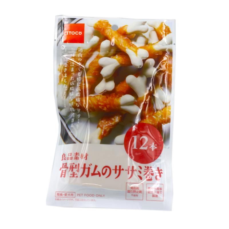 しつけのごほうびにも最適なワンちゃん用おやつ！ヘルシーなササミを旨みの詰まった植物性ガムに丁寧に巻きました。【原材料(成分)】肉類(鶏胸肉、鶏ササミ、鶏レバーエキス)、でん粉類(コーンスターチ、小麦澱粉)、大豆たん白、ピーナッツたん白、植物油脂、食塩、カルシウム、増粘安定剤(グリセリン、増粘多糖類、キサンタンガム)、着色料(二酸化チタン)、保存料(ソルビン酸カリウム、プロピオン酸カルシウム、デヒドロ酢酸ナトリウム)【保証成分】粗たん白質30.0％以上、粗脂肪0.2％以上、粗繊維1.0％以下、粗灰分15.0％以下、水分15.0％以下【エネルギー】約280kcal【賞味／使用期限(未開封)】547日【原産国または製造地】中国【個装サイズ】135×216×20mm【個装重量】86g【分類】犬用おやつ[ ドッグフード ]※商品パッケージのリニューアル等により商品画像とお届け商品のパッケージが異なる場合がございます。予めご了承お願い致します。