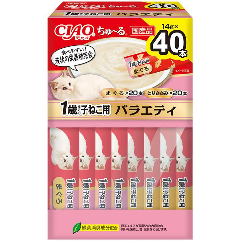 とろ〜り食べやすい液状おやつ！・一度食べたらやみつき！猫ちゃんの好きなを素材を液状にしたおやつです。・ちゅ〜っと出して、なめるだけで簡単に栄養補給。・緑茶消臭成分配合！緑茶エキスが腸管内の内容物の臭いを吸着し、糞尿臭を和らげます。・お魚とお肉のどちらのフレーバーも楽しめるバラエティパック・食べきりやすい14g×40本。【原材料(成分)】【まぐろ】まぐろ、まぐろエキス、タンパク加水分解物、糖類(オリゴ糖等)、植物性油脂、ミネラル類(Ca、Cu、Mn、Zn、I、Na、P、Cl)、増粘安定剤(加工でん粉、増粘多糖類)、調味料(アミノ酸)、ビタミン類(A、E、B1、B6、コリン)、紅麹色素、緑茶エキス、タウリン【とりささみ】鶏肉(ささみ)、ほたてエキス、糖類(オリゴ糖等)、植物性油脂、ミネラル類(Ca、Cu、Mn、Zn、I、Na、P、Cl)、増粘安定剤(加工でん粉、増粘多糖類)、調味料(アミノ酸)、ビタミン類(A、E、B1、B6、コリン)、紅麹色素、緑茶エキス、タウリン【保証成分】たんぱく質7.0％以上、脂質0.5％以上、粗繊維0.2％以下、灰分3.2％以下、水分89.0％以下【エネルギー】約7kcal/本【給与方法】・1日4本を目安に総合栄養食と一緒にお与えください。【賞味／使用期限(未開封)】24ヶ月【原産国または製造地】日本【保管方法】・お使い残りが出た場合は、他の容器に移し替えて冷蔵庫に入れ早めにお与えください。・袋の誤飲にご注意ください。【個装サイズ】110×170×60mm【個装重量】760g【分類】猫用おやつ[ キャットフード ]※商品パッケージのリニューアル等により商品画像とお届け商品のパッケージが異なる場合がございます。予めご了承お願い致します。
