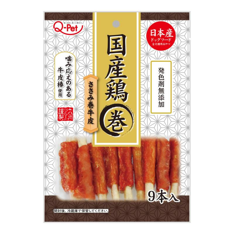牛皮と鶏ささみ・Wの組み合わせ・噛み応えのある牛皮棒に国産鶏のささみ肉を巻きました。・着色料・発色剤不使用でつくりました。・小型犬やシニア犬もよく噛める程よい硬さに仕上げました。【原材料(成分)】チキン(ささみ含む)、米、牛皮粒、牛皮粉、グリセリン、トレハロース、保存料(ソルビン酸K)【保証成分】たんぱく質37.5％以上、脂質2.0％以上、粗繊維1.5％以下、灰分3.0％以下、水分35.0％以下【エネルギー】235kcal/100g【賞味／使用期限(未開封)】12ヶ月【原産国または製造地】日本【個装サイズ】160×230×25mm【個装重量】83g【分類】犬用おやつ[ ドッグフード ]※商品パッケージのリニューアル等により商品画像とお届け商品のパッケージが異なる場合がございます。予めご了承お願い致します。