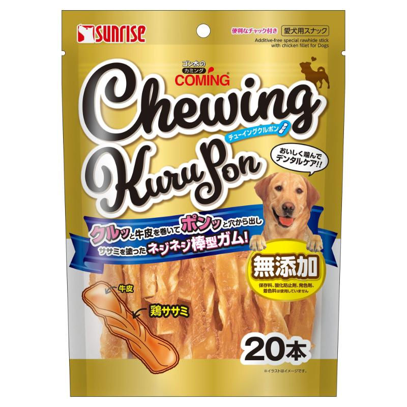 おいしく噛んでデンタルケア！・クルッと牛皮を巻いてポンッと穴から出しササミを塗った、ネジネジ棒型ガムです。・天然の鶏ササミと牛皮だけを使用した無添加ガムです。・わんちゃんの大好きな鶏ササミを牛皮全体にコーティングしているので、最後まで飽きずにしっかり食べられます。・噛むことで歯と歯茎の健康維持やストレス解消に役立ち、夢中になって噛む姿も楽しめるスナックです。・保存料、酸化防止剤、発色剤、着色料は使用していません。【原材料(成分)】肉類(牛皮、鶏ササミ)【保証成分】たん白質60.0％以上、脂質1.0％以上、粗繊維1.7％以下、灰分4.3％以下、水分16.0％以下【エネルギー】約300kcal/100g【給与方法】・パッケージの表を参考にして1日2〜3回に分け、おやつとして与えてください。【賞味／使用期限(未開封)】540日【原産国または製造地】中国【保管方法】・高温、多湿、日光をさけて保存し、開封後は早めにお与えください。【個装サイズ】165×225×100mm【個装重量】132g【その他備考】・本品は犬用です。・子供が誤食しないように、子供の手の届かない所に保管してください。・子供がペットに与えるときは、安全のため大人が監視してください。・給与量の目安をお守りください。【分類】犬用おやつ[ ドッグフード ]※商品パッケージのリニューアル等により商品画像とお届け商品のパッケージが異なる場合がございます。予めご了承お願い致します。