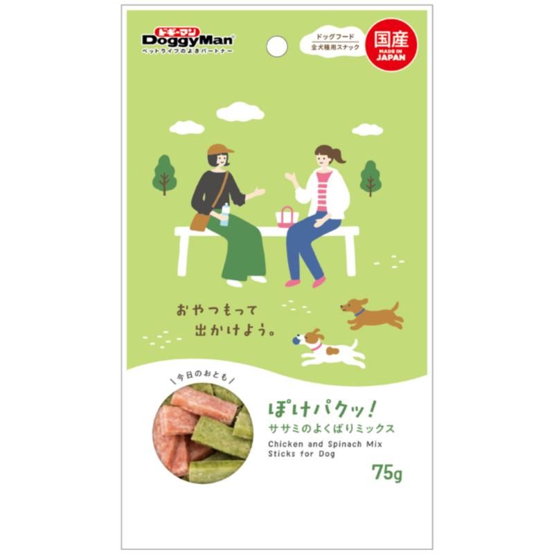 いつものお散歩やおでかけに！お出かけが楽しくなるおいしいおとも。・ワンちゃんが大好きなお肉と野菜のどちらも味わえる薄切りのひとくちスナックです。・お出かけ時に与えやすく、ワンちゃんもパクっと食べやすい。【原材料(成分)】小麦粉、肉類(鶏ササミ、鶏肉)、糖類、チーズ、ゼラチン、野菜類(さつまいも、ほうれん草)、脱脂粉乳、グリセリン、プロピレングリコール、着色料(酸化チタン、黄4、黄5、青1、赤106)、ソルビトール、保存料(ソルビン酸カリウム)、ミネラル類(ナトリウム)、pH調整剤、膨張剤、酸化防止剤(ビタミンE)、香料【保証成分】粗たん白質10.5％以上、粗脂肪1.0％以上、粗繊維1.0％以下、粗灰分4.5％以下、水分35.5％以下【エネルギー】280kcal/100g【給与方法】・パッケージ記載の目安給与量を参考に1日1〜数回に分け、おやつとして与えてください。・給与量は犬によって個体差が生じます。食べ残しや便の様子、健康状態を見て調節してください。・2ヶ月未満の幼犬には与えないでください。・犬の習性や性格、食べ方によっては、のどに詰まらせたり、丸のみする恐れがあります。適切な大きさにして与えてください。・開封までのおいしさを保つ為に、脱酸素剤が入ってます。無害ですが食品ではありません。誤飲防止のため、開封後はすぐに取り除き捨ててください。【賞味／使用期限(未開封)】12ヶ月【原産国または製造地】日本【保管方法】・お買い上げの後は直射日光・高温多湿の場所を避けて保存してください。・開封後は密封の上冷蔵し、賞味期限に関わらず早めに与えてください。【個装サイズ】120×210×15mm【個装重量】85g【その他備考】・ペットフードとしての用途をお守りください。・幼児や子供、ペットの触れない場所で保存してください。・記載表示を参考に、ペットが食べ過ぎないようにして下さい。・必ず様子を見ながら与えてください。・子供がペットに与えるときは、安全のため大人が立ち会ってください。・ペットが興奮したりしないよう、落ち着いた環境で与えてください。・ペットの体調が悪くなったときには、獣医師に相談して下さい。※製造工程上、裏面に穴があったり、厚み・色・形にバラつきがありますが、品質には問題ありません。【分類】犬用おやつ[ ドッグフード ]※商品パッケージのリニューアル等により商品画像とお届け商品のパッケージが異なる場合がございます。予めご了承お願い致します。