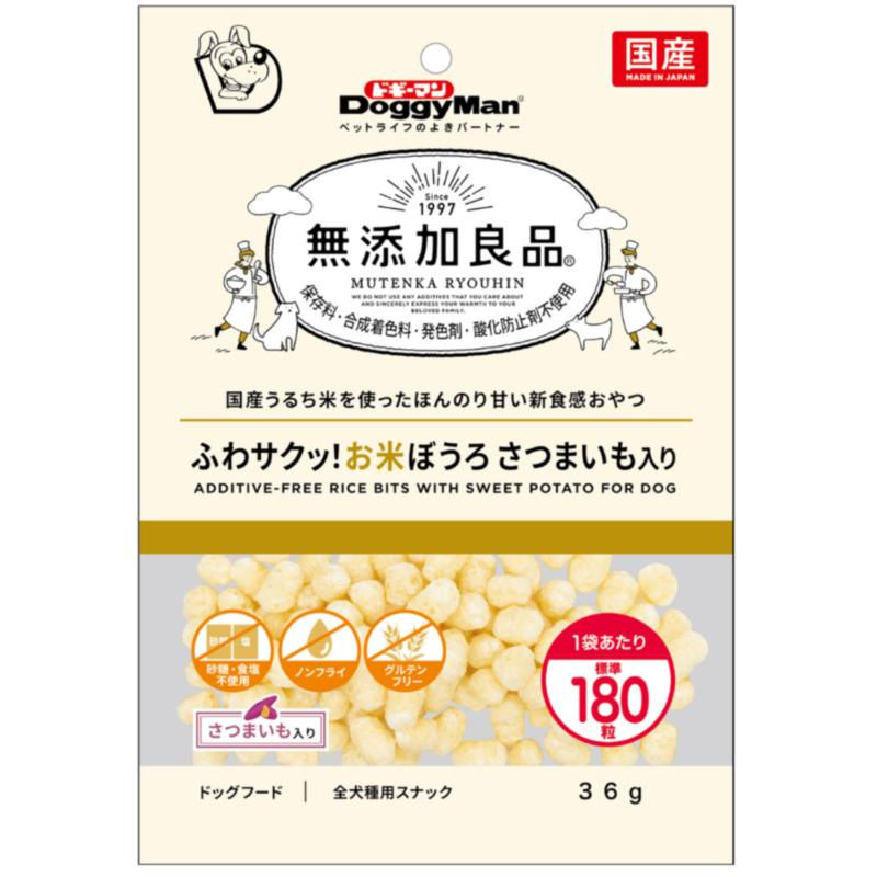 国産うるち米を使った新食感おやつ！・国産うるち米100％の生地に優しい甘さのさつまいもをプラスした軽い食感のノンフライスナックです。・砂糖・食塩不使用なので、ちょっとしたしつけやごほうび用おやつにも最適です。・保存料、合成着色料、発色剤、酸化防止剤を使わずに作りました。【原材料(成分)】うるち米、さつまいも、着色料(β-カロテン)【保証成分】粗たん白質3.5％以上、粗脂肪0.1％以上、粗繊維2.5％以下、粗灰分2.0％以下、水分15.0％以下【エネルギー】380kcal/100g【給与方法】・パッケージ記載の目安給与量を参考に1日1〜数回に分け、おやつとして与えてください。・給与量は犬によって個体差が生じます。食べ残しや便の様子、健康状態を見て調節してください。・2ヶ月未満の幼犬には与えないでください。・犬の習性や性格、食べ方によっては、のどに詰まらせたり、丸のみする恐れがあります。適切な大きさにして与えてください。・おいしさを保つ為に乾燥剤が入っています。無害ですが食品ではありません。誤飲しないようご注意ください。【賞味／使用期限(未開封)】18ヶ月【原産国または製造地】日本【保管方法】・本品は、保存料・合成着色料・発色剤・酸化防止剤の添加物を使用していません。・お買い上げの後は直射日光・高温多湿の場所を避けて保存してください。・開封後は密封の上冷蔵し、賞味期限に関わらず早めに与えてください。【個装サイズ】180×260×40mm【個装重量】46g【その他備考】・ペットフードとしての用途をお守りください。・幼児や子供、ペットの触れない場所で保存してください。・記載表示を参考に、ペットが食べ過ぎないようにして下さい。・必ず様子を見ながら与えてください。・子供がペットに与えるときは、安全のため大人が立ち会ってください。・ペットが興奮したりしないよう、落ち着いた環境で与えてください。・ペットの体調が悪くなったときには、獣医師に相談して下さい。※天然原料を使用しているため、色・形にバラつきが生じる場合がありますが、品質には問題ありません。【分類】犬用おやつ：ビスケット・クッキー[ ドッグフード ]※商品パッケージのリニューアル等により商品画像とお届け商品のパッケージが異なる場合がございます。予めご了承お願い致します。