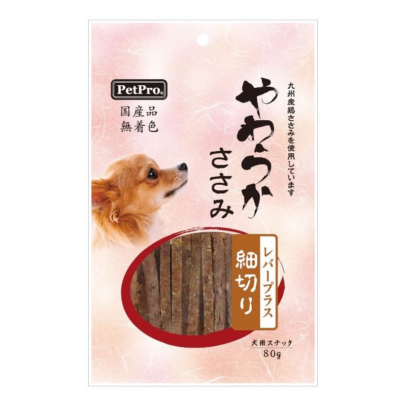 九州産とりささみに鉄分・ビタミン豊富なレバーを入れました九州産とりささみにレバーを入れ着色料不使用でやわらかく仕上げました。【原材料(成分)】国産鶏肉(九州産)、鶏レバー、食塩、保湿剤(グリセリン)、酸化防止剤(プロピレングリコール)、酸味料、焼成カルシウム、調味料(有機酸)【保証成分】たんぱく質39.0％以上、脂質6.0％以上、粗繊維0.2％以下、灰分3.5％以下、水分42.0％以下【エネルギー】298kcal/100g【給与方法】【1日あたりの給与量】幼犬(生後6ヵ月〜)2〜5g、超小型犬(1〜5kg)5〜15g、小型犬(5〜10kg)15〜30g、中型犬(10〜25kg)30〜50g、大型犬(25kg以上)50〜70g・体重を目安として1日2〜3回に分けてお与えください。・与える量や大きさは体調、年齢、季節、運動量、妊娠期などにより異なりますので状況により調整してください。【賞味／使用期限(未開封)】12ヶ月【原産国または製造地】日本【保管方法】開封前・・・直射日光・高温多湿をさけて保存してください。開封後・・・冷蔵庫(0〜10℃)で保管し、賞味期限に関わらずお早めにご使用ください。【個装サイズ】150×240×20mm【個装重量】90g【その他備考】・時間経過による色や硬さの変化が見られても品質には影響ありません。・製品の表面に白い微粉(アミノ酸・カルシウム)が付着する場合がありますが、品質には影響ありません。・子供が愛犬に与える時は安全のために大人が立ち合い、手などを噛まれないようにご注意ください。・幼児・子供・ペットの届かないところに保管してください。・おいしさを保つための脱酸素材は食べられません。また、開封後は効果が無くなりますのでお捨てください。【分類】犬用おやつ[ ドッグフード ]※商品パッケージのリニューアル等により商品画像とお届け商品のパッケージが異なる場合がございます。予めご了承お願い致します。