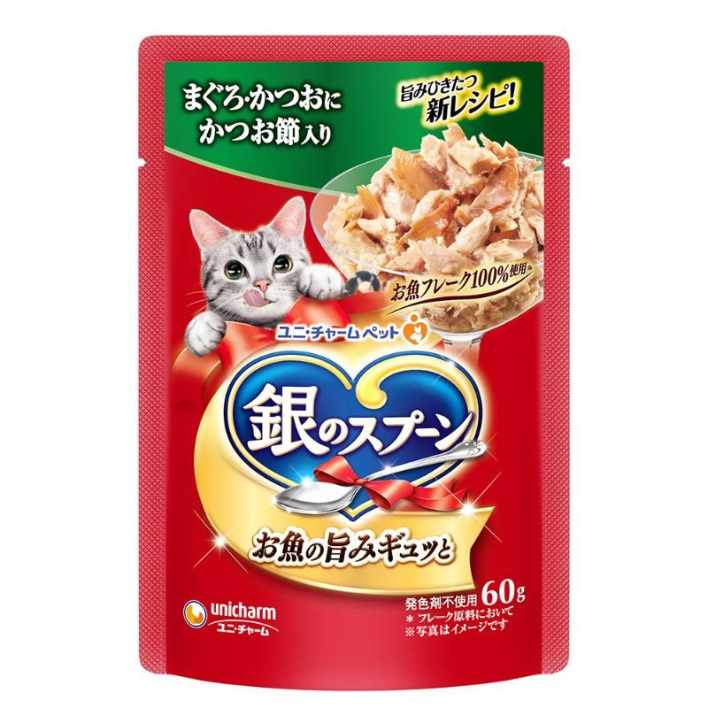 お魚の旨みギュッと！・たっぷりの身とうまみで抜群のおいしさを実現・ねこが大好きなやわらかゼリータイプ【原材料】魚介類(かつお、まぐろ、かつお節、フィッシュエキス)、酵母エキス、増粘多糖類、調味料【保証成分】タンパク質9.0％以上、脂質0.2％以上、粗繊維0.5％以下、粗灰分3.0％以下、水分89.0％以下【エネルギー】約27kcal/袋【賞味／使用期限(未開封)】24ヶ月【原産国または製造地】タイ【サイズ】パッケージサイズ：W90×H140×D10mm/重量64g【分類】猫用フード：レトルトパウチ[ キャットフード ]※商品パッケージのリニューアル等により商品画像とお届け商品のパッケージが異なる場合がございます。予めご了承お願い致します。