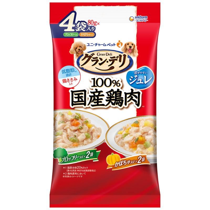 （まとめ買い）ユニ・チャーム グラン・デリ 100％国産鶏肉パウチ ジュレ 成犬用 ブロッコリー入り・かぼちゃ入り 80g×4袋 犬用フード 〔×8〕 【北海道・沖縄・離島配送不可】