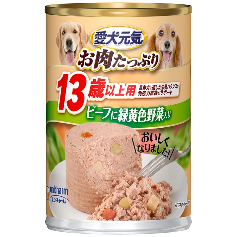 ＜＜ご注意下さい＞＞こちらの商品はメーカーよりお客様へ直接お届けの品になります。 当店での在庫はしておりません。在庫の有無はメーカー在庫のみになりますので、急な欠品や急に廃盤になる可能性がございます。また、上記理由により代金引換便はご利用いただけません。ご注文頂いた商品はメーカーに在庫を確認の上改めてご連絡させていただきますので予めご了承お願い致します。こちらの商品の配送について こちらの商品につきましては送料をお安くするために メーカーより直接お客様へ配送しております。メーカーが使用する運送会社の都合により配送条件が通常の商品と異なりますのでよろしくお願いします。こちらの商品の包装(ラッピング)について○上記の理由(メーカーより直送)により包装はできませんので予めご了承お願いします。こちらの商品のお支払いについて○こちらの商品のお支払い方法は 代金引換便はご利用できませんの で予めご了承お願いします。こちらの商品の不具合について○お届けしましたこちらの商品に不具合があった場合、商品到着日より1週間以内に当店にご連絡ください。メーカーが直接対応させて頂きます。 ○お客様がご自身で修理された場合、費用の負担は致しかねますので予めご了承下さい。お肉たっぷり！・お肉がたっぷり入っているので、愛犬の食べっぷりが違います。・ビタミン豊富な野菜ミックス・13歳を過ぎた愛犬の健康維持を考えて、ビタミンB群・Eを調整【原材料】肉類(チキン、鶏レバー、ビーフ、チキンエキス)、野菜類(ニンジン、グリーンピース)、コーンスターチ、小麦粉、ポテト、動物性油脂、ミネラル類(Cl、Cu、Fe、l、K、Mn、Na、Zn)、増粘安定剤(カラギーナン)、着色料(二酸化チタン)、ビタミン類(A、B1、B2、B6、B12、C、D、E、コリン、ナイアシン、パントテン酸)、グルコサミン塩酸塩、コンドロイチン硫酸、発色剤(亜硝酸Na)【保証成分】タンパク質5.5％以上、脂質3.5％以上、粗繊維1.5％以下、粗灰分4.0％以下、水分85.0％以下【エネルギー】約87kcal/100g【賞味／使用期限(未開封)】36ヶ月【原産国または製造地】中国【サイズ】パッケージサイズ：W75×H104×D75mm/重量431g【分類】犬用フード：犬用缶詰[ ドッグフード ]※商品パッケージのリニューアル等により商品画像とお届け商品のパッケージが異なる場合がございます。予めご了承お願い致します。