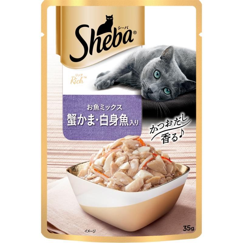 ＜＜ご注意下さい＞＞こちらの商品はメーカーよりお客様へ直接お届けの品になります。 当店での在庫はしておりません。在庫の有無はメーカー在庫のみになりますので、急な欠品や急に廃盤になる可能性がございます。また、上記理由により代金引換便はご利用いただけません。ご注文頂いた商品はメーカーに在庫を確認の上改めてご連絡させていただきますので予めご了承お願い致します。こちらの商品の配送について こちらの商品につきましては送料をお安くするために メーカーより直接お客様へ配送しております。メーカーが使用する運送会社の都合により配送条件が通常の商品と異なりますのでよろしくお願いします。こちらの商品の包装(ラッピング)について○上記の理由(メーカーより直送)により包装はできませんので予めご了承お願いします。こちらの商品のお支払いについて○こちらの商品のお支払い方法は 代金引換便はご利用できませんの で予めご了承お願いします。こちらの商品の不具合について○お届けしましたこちらの商品に不具合があった場合、商品到着日より1週間以内に当店にご連絡ください。メーカーが直接対応させて頂きます。 ○お客様がご自身で修理された場合、費用の負担は致しかねますので予めご了承下さい。いつもの食事をちょっと贅沢に！・かつおだし香る絶品フレーク・厳選した魚介のうまみをかつおだしでおいしく包みました。【原材料】魚類(かつお、白身魚、かつお節粉等)、蟹かま、小麦、調味料(アミノ酸等)、増粘多糖類、KCl、リコピン色素【保証成分】タンパク質10.0％以上、脂質0.4％以上、粗繊維0.1％以下、灰分2.5％以下、水分87.0％以下【エネルギー】20kcal/袋【賞味／使用期限(未開封)】24ヶ月【原産国または製造地】タイ【サイズ】パッケージサイズ：W80×H118×D10mm/重量38g【分類】猫用フード：レトルトパウチ[猫 フード ウェット パウチ レトルト 成猫 アダルト シーバ リッチ トッピング]※商品パッケージのリニューアル等により商品画像とお届け商品のパッケージが異なる場合がございます。予めご了承お願い致します。