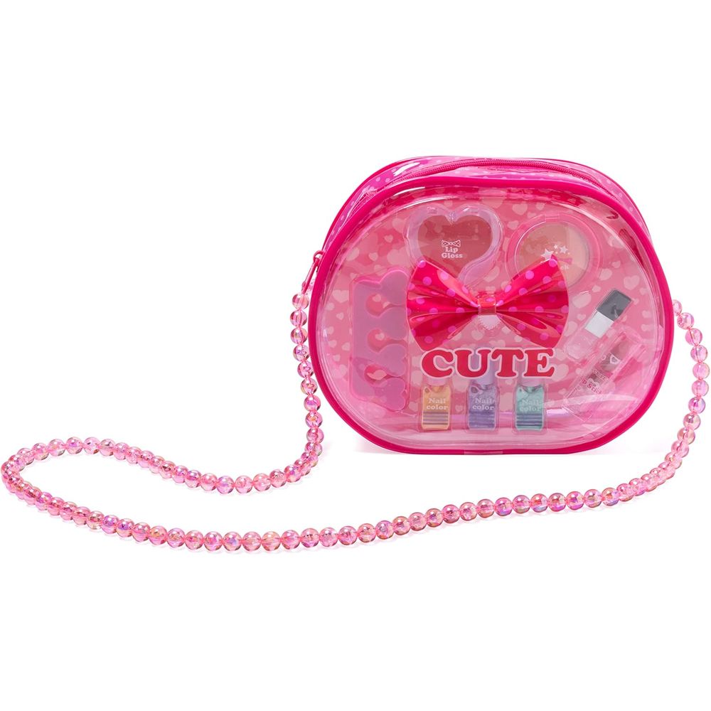 キラキラバッグ&リボンが目を引くメイクセット♪ネイル、リップ、アイシャドウからリングまで、いろいろ詰まったバッグには、大好きなリボンが!思わずテンションのあがるセット。ネイルは水溶性なので水で簡単に落とせます。大人用とは違い、除光液を使わなくていいのでお子様でも安心です。対象年齢：6歳以上パッケージサイズ：200×160×55mm