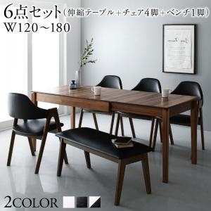 【組立設置料込み】モダンデザイン 天然木伸縮式テーブルダイニングシリーズ 【Monoce】モノーチェ 6点セット(テーブル+チェア4脚+ベンチ1脚) 【チェア色】ブラック2脚+ホワイト2脚 【ベンチ色】ブラック■テーブル（W120-150-180）【サイズ】幅120-150-180×奥行75×高さ72cm【材質】天板‐天然木（ウォールナット）　　　 脚部‐天然木（ラバーウッド）　　　　 仕上げ‐ウレタン樹脂塗装【商品重量】 30kg【梱包数】2【梱包サイズ／梱包重量】130×85×17cm/26kg 76×20×6cm/8kg【生産国】：ベトナムまたは中国※組立品※脚裏フェルトあり■チェア(2脚組) 【サイズ】幅52×奥行57×高さ80(座面高45)cm【材質】フレーム：天然木(アッシュ) 　張地：合成皮革(PVC) 　クッション材：ウレタンフォーム【カラー】ブラック/ホワイト【製品重量】6kg(1脚)【梱包数】1(2脚1梱包)【梱包サイズ/重量】90×56×83cm/13kg【生産国】ベトナム※完成品■ベンチ【サイズ】幅100×奥行40×高さ45cm【材質】フレーム：天然木(アッシュ) 　張地：合成皮革(PVC) 　クッション材：ウレタンフォーム【カラー】ブラック/ホワイト 【製品重量】8kg【梱包数】1【梱包サイズ/重量】112×43×50cm/9.5kg【生産国】ベトナム※完成品■ 6点セットセット内容：テーブル×1、チェア×4、ベンチ1梱包数：4※サイズ・重量は概算です。※実際の商品の色にできるだけ近づけるよう撮影を行っておりますが、商品色はご使用のモニターによって実際の明るさや色と多少異なって見える場合がございます。※こちらの商品は天然木を使用した商品のため一点一点木目が異なります。※仕様は予告なく変更になる場合がございます。予めご了承下さい。ダイニングセット/ダイニングテーブル/伸縮テーブル/エクステンションテーブルセット/ダイニングテーブル/伸縮テーブル/エクステンションテーブル/ダイニングチェア/ダイニングベンチ