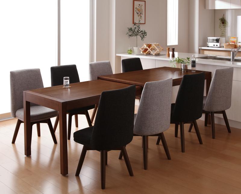 スライド伸縮テーブルダイニング 〔S-free〕エスフリー/9点セット(テーブル＋チェア×8) 〔テーブル・脚〕ブラウン 〔チェア8脚〕ライトグレー 【北海道・沖縄・離島配送不可】