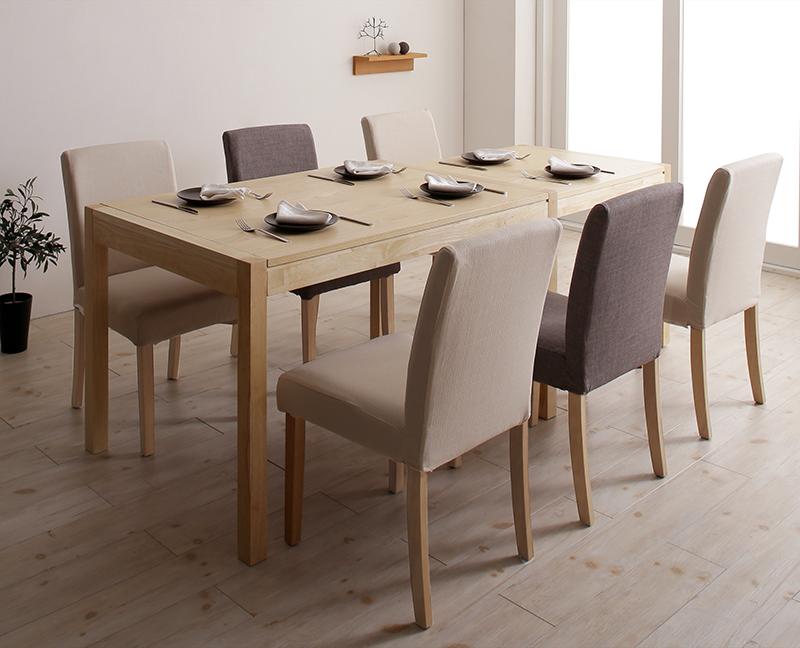 Four-Piece Set - 無段階に広がる スライド伸縮テーブル ダイニングシリーズ 〔Magie+〕マージィプラス 7点セット(シェルフ無しテーブル(W120-200)+チェア6脚) 〔チェア色〕アイボリー6脚 【北海道・沖縄・離島配送不可】